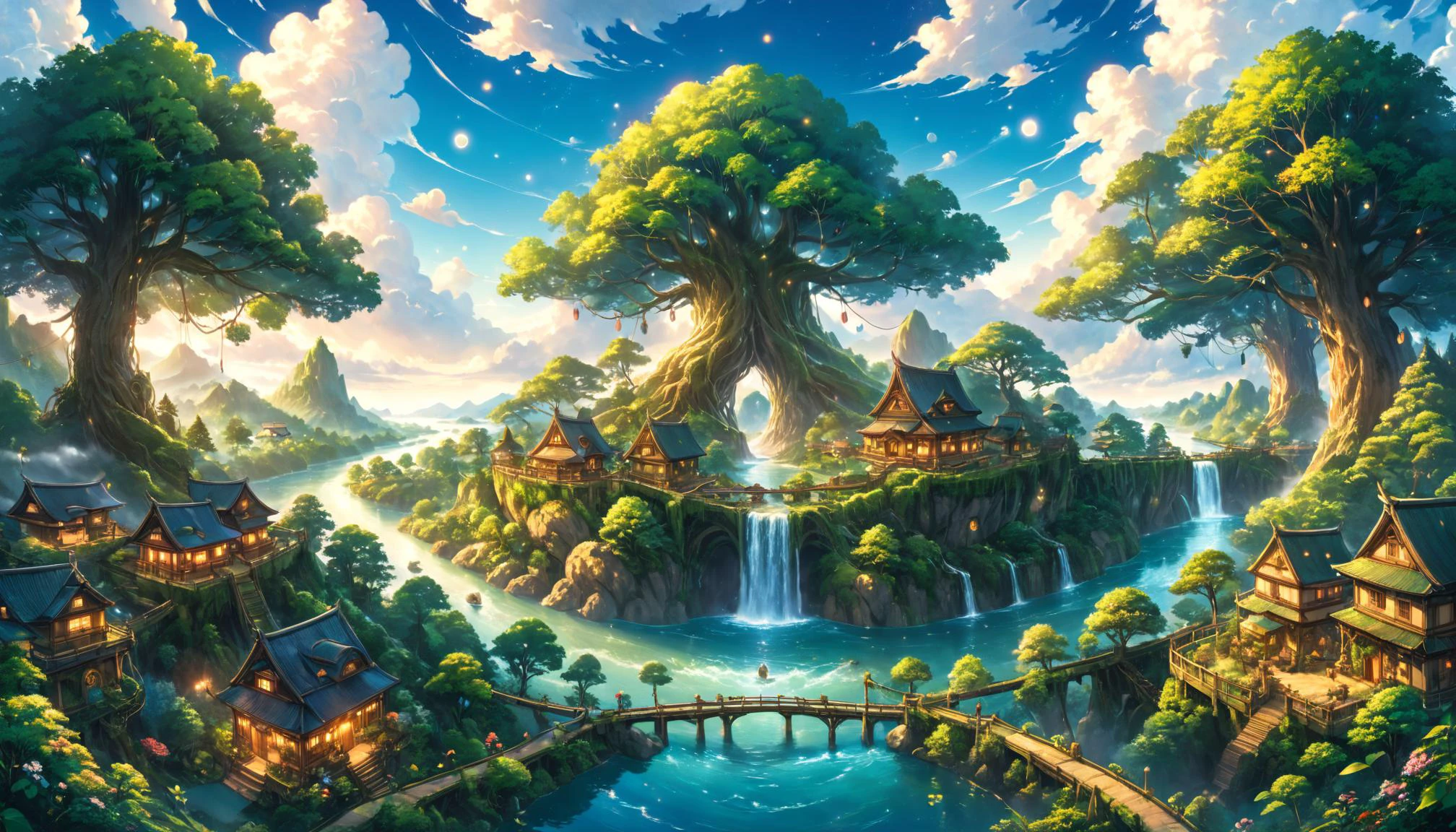 anime artwork ral-anmwrlds, extremely detailed 16k UHD photo of a {beautiful anime landscape, (huge tree civilization in the middle, centered, symmetrical:1.2), tree houses and connected pathways, river, bright shiny clouds and floating particles}, intricate details, hyperrealistic, cinematic, 8k uhd, soft lighting, HDR, high quality, sharp details, insanely detailed, elegant, award winning photography, in the style of studio ghibli, <lora:add-detail-xl:1>, <lora:xl_more_art-full_v1:0.2>, <lora:SDXLFaeTastic2400:0.2>, <lora:ral-anmwrlds-sdxl:0.5> . anime style, key visual, vibrant, studio anime, highly detailed