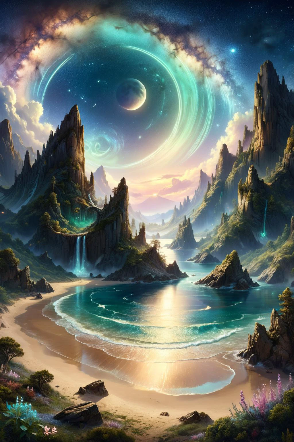 In this mythical night scene viewed from high above, the panorama unfolds with breathtaking grandeur. A majestic planet hangs like a luminescent jewel in the cosmic tapestry, its rings shimmering with ethereal beauty. Nebulous star clusters form swirling galaxies, their cosmic dance painting the heavens with hues of celestial wonder. A celestial ballet of shooting stars streaks across the firmament, leaving ephemeral trails of stardust in their wake. The atmosphere is alive with an aurora of shimmering colors, weaving ribbons of light through the velvety darkness.
Fantastical clouds, resembling enchanted creatures from ancient myths, drift gracefully across the night sky, their billowing forms illuminated by the soft glow of distant stars. Below, the tranquil sea glimmers under the moon's silvery embrace, its surface a mirror reflecting the luminous spectacle above. Waves gently lap against the shores, adding a soothing rhythm to the symphony of celestial beauty. This mythical night scene transports observers to a realm where imagination and reality merge in a breathtaking display of cosmic artistry.
<lora:add-detail-xl:0.85>,
<lora:EnvyBetterHiresFixXL01:1.0>,
<lora:extremely_detailed:1.0>, extremely detailed,
<lora:ral-fntsyrlms-sdxl:0.8> ral-fntsyrlms,