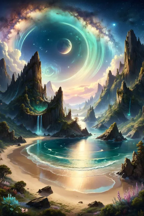 In this mythical night scene viewed from high above, the panorama unfolds with breathtaking grandeur. A majestic planet hangs like a luminescent jewel in the cosmic tapestry, its rings shimmering with ethereal beauty. Nebulous star clusters form swirling galaxies, their cosmic dance painting the heavens with hues of celestial wonder. A celestial ballet of shooting stars streaks across the firmament, leaving ephemeral trails of stardust in their wake. The atmosphere is alive with an aurora of shimmering colors, weaving ribbons of light through the velvety darkness.
Fantastical clouds, resembling enchanted creatures from ancient myths, drift gracefully across the night sky, their billowing forms illuminated by the soft glow of distant stars. Below, the tranquil sea glimmers under the moon's silvery embrace, its surface a mirror reflecting the luminous spectacle above. Waves gently lap against the shores, adding a soothing rhythm to the symphony of celestial beauty. This mythical night scene transports observers to a realm where imagination and reality merge in a breathtaking display of cosmic artistry.
<lora:add-detail-xl:0.85>,
<lora:EnvyBetterHiresFixXL01:1.0>,
<lora:extremely_detailed:1.0>, extremely detailed,
<lora:ral-fntsyrlms-sdxl:0.8> ral-fntsyrlms,