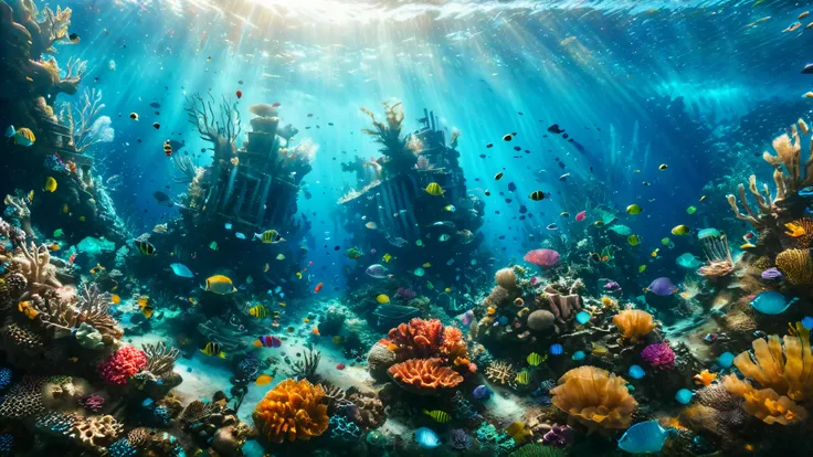 underwater scene, landscape photography of a sunken city, corals, colorful fish, sun beams, underwater shot, dynamic angle, tilted horizon, depth of field, cinematic lighting, <lora:XL_More_Art: 0.9>, <lora:Underwater_Scenes>