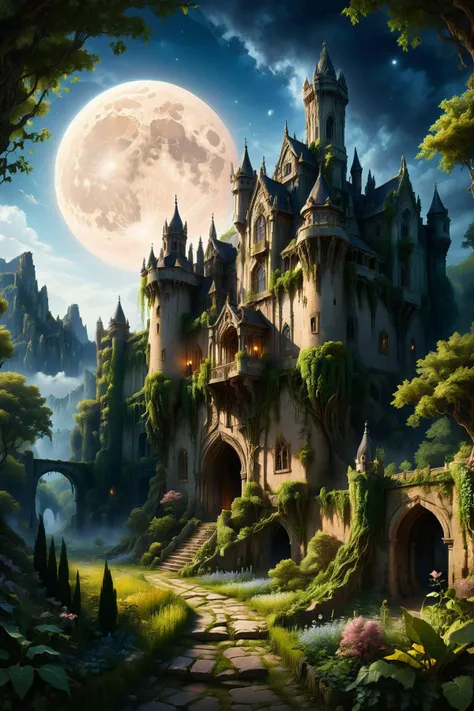Ultra-realistic style, masterpiece quality, highly detailed. An ancient castle with weathered stone walls, intricate carvings, and textured surfaces. Vines and ivy climb up the sides, adding an aura of timelessness. Set against a night sky, the scene is illuminated by the subtle, silvery glow of the moon partially hidden behind wispy clouds. Shadows dance across the castle's façade, highlighting the gothic architecture and giving it a mysterious, almost haunting beauty. The atmosphere is both eerie and majestic, capturing the essence of an old-world fortress under the quiet night sky.
<lora:ral-fntsyrlms-sdxl:0.8> ral-fntsyrlms,
<lora:add-detail-xl:1.0>,
<lora:SDXLFaeTastic2400:0.8>,
<lora:EnvyBetterHiresFixXL01:1.0>,
<lora:extremely_detailed:1.5>, extremely detailed,
<lora:gorgoeus_splash_of_vibrant_paint:0.8> Gorgeous splash of vibrant paint,