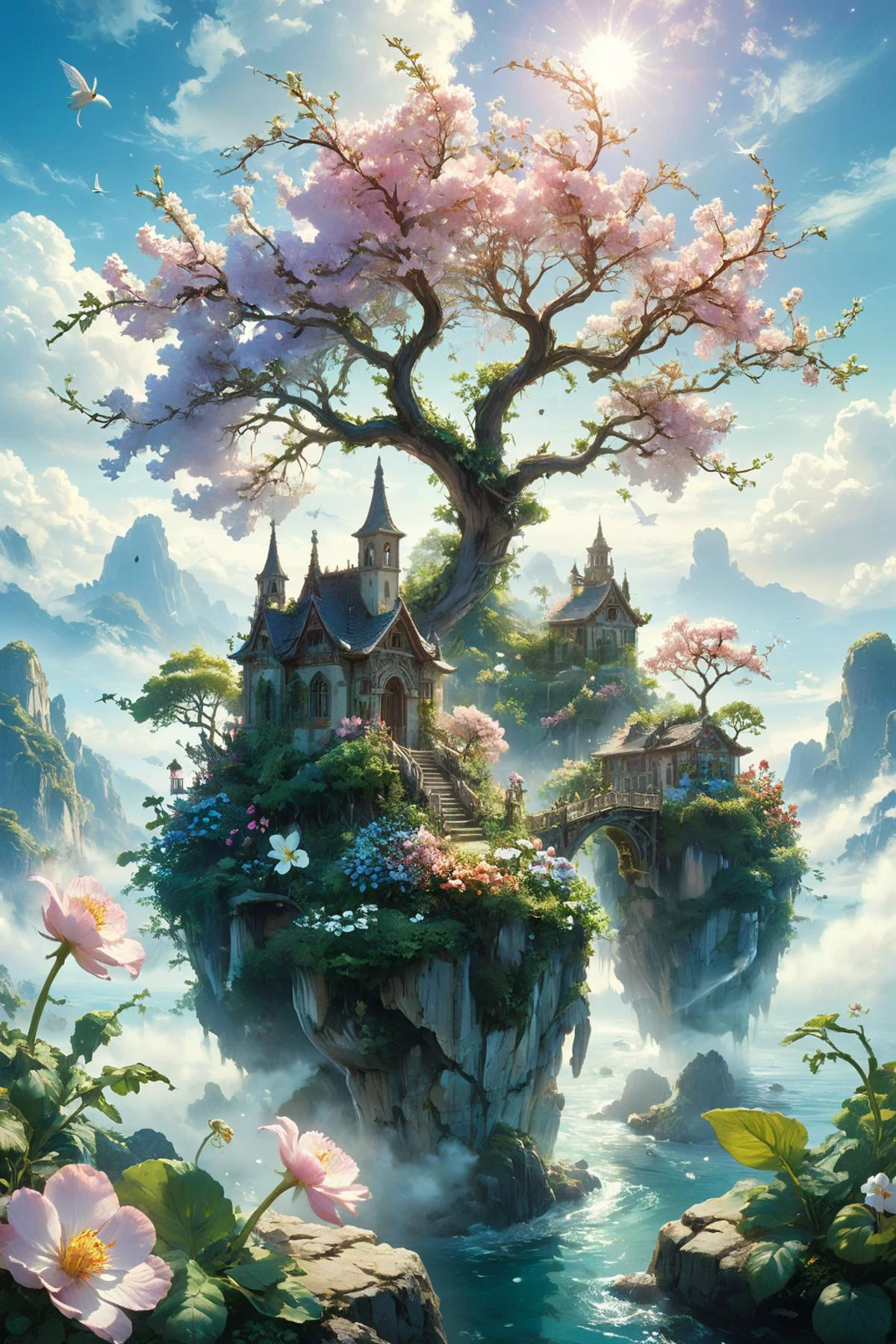An enchanting garden of floating islands suspended in the sky. Each island, lush with greenery and blooming flowers, is connected by wispy bridges of wind and mist. Gentle breezes carry petals and leaves through the air, creating a surreal and dreamlike atmosphere. Soft pastel colors, intricate details, vibrant, serene, fantasy landscape, high detail, artistic, imaginative, magical.
<lora:ral-mtclniscp-sdxl:0.75> ral-mtclniscp,
<lora:add-detail-xl:1.0>,
<lora:EnvyBetterHiresFixXL01:1.0>,
<lora:extremely_detailed:1.0>, extremely detailed,
<lora:EldritchMixIllustration_1.0:0.45>,
<lora:zavy-cntrst-sdxl:0.6> dark, chiaroscuro, low-key,
<lora:xl_floating:0.75> floating island, surreal,