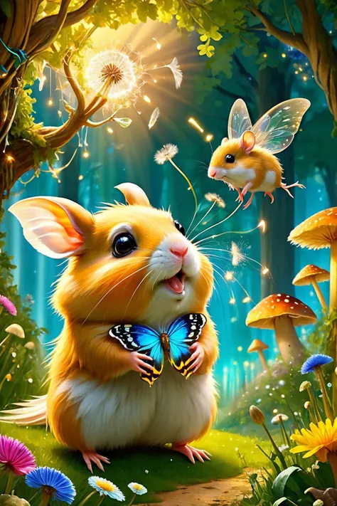 A charming and adorable scene featuring a cute hamster with puffed cheeks blowing on a dandelion. The hamster's fur is soft and fluffy, with expressive, wide eyes that radiate innocence and curiosity. The scene is set in a whimsical fairy tale world, filled with vibrant, colorful flowers, and lush green grass. In the background, towering mushrooms, sparkling fairy lights, and magical creatures like fairies and butterflies flutter around. A gentle, golden light filters through the trees, casting a warm glow over the entire scene. The dandelion seeds float gracefully in the air, creating a sense of magic and wonder. (ultra-realistic, high detail, vibrant colors, whimsical, magical, fairy tale, cute, charming, soft lighting, serene atmosphere)
<lora:ral-fntsyrlms-sdxl:0.8> ral-fntsyrlms,
<lora:add-detail-xl:0.7>,
<lora:EnvyBetterHiresFixXL01:0.85>,
<lora:extremely_detailed:0.7>, extremely detailed,
<lora:gorgoeus_splash_of_vibrant_paint:0.7> Gorgeous splash of vibrant paint,
