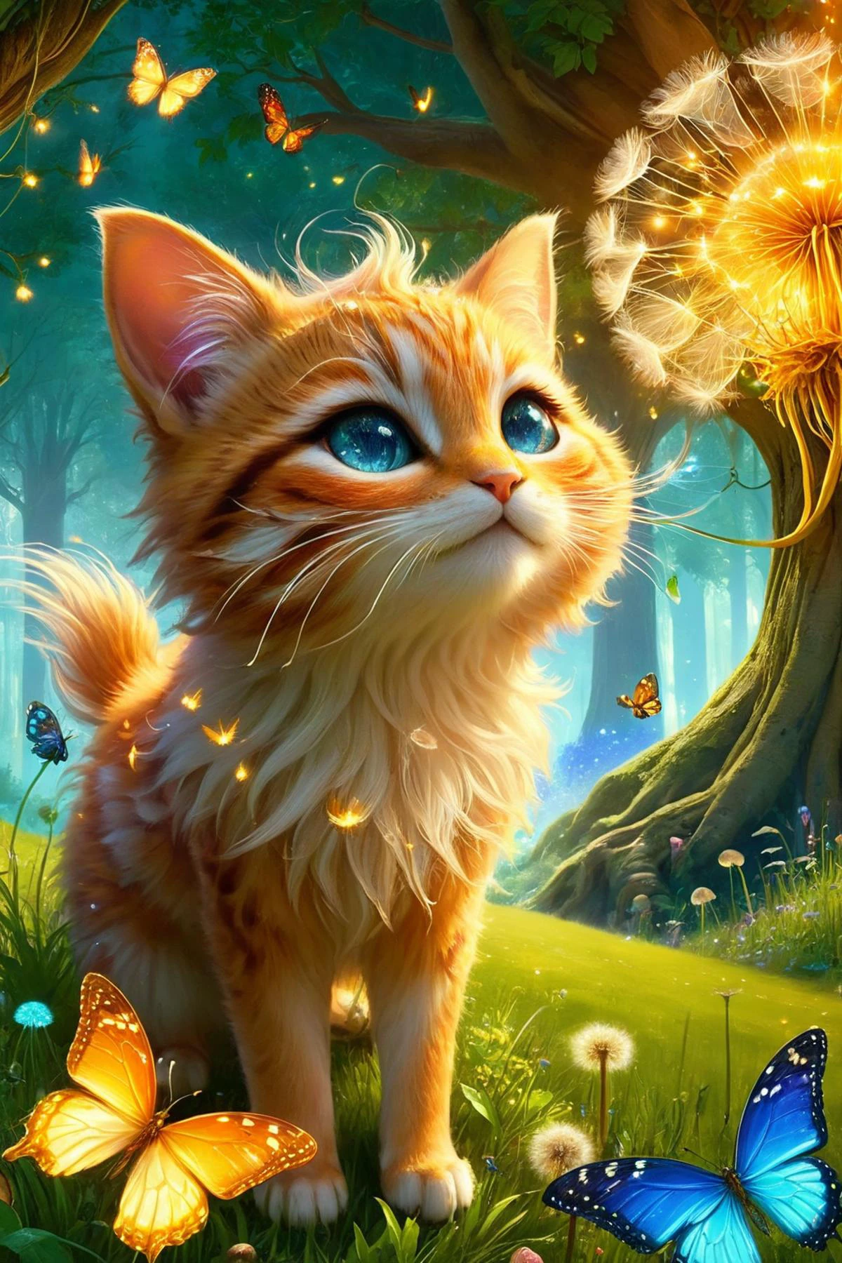 A charming and adorable scene featuring a cute cat with puffed cheeks blowing on a dandelion. The cat's fur is soft and fluffy, with expressive, wide eyes that radiate innocence and curiosity. The scene is set in a whimsical fairy tale world, filled with vibrant, colorful flowers, and lush green grass. In the background, towering mushrooms, sparkling fairy lights, and magical creatures like fairies and butterflies flutter around. A gentle, golden light filters through the trees, casting a warm glow over the entire scene. The dandelion seeds float gracefully in the air, creating a sense of magic and wonder. (ultra-realistic, high detail, vibrant colors, whimsical, magical, fairy tale, cute, charming, soft lighting, serene atmosphere)
<lora:ral-fntsyrlms-sdxl:0.8> ral-fntsyrlms,
<lora:add-detail-xl:0.7>,
<lora:EnvyBetterHiresFixXL01:0.85>,
<lora:extremely_detailed:0.7>, extremely detailed,
<lora:gorgoeus_splash_of_vibrant_paint:0.7> Gorgeous splash of vibrant paint,