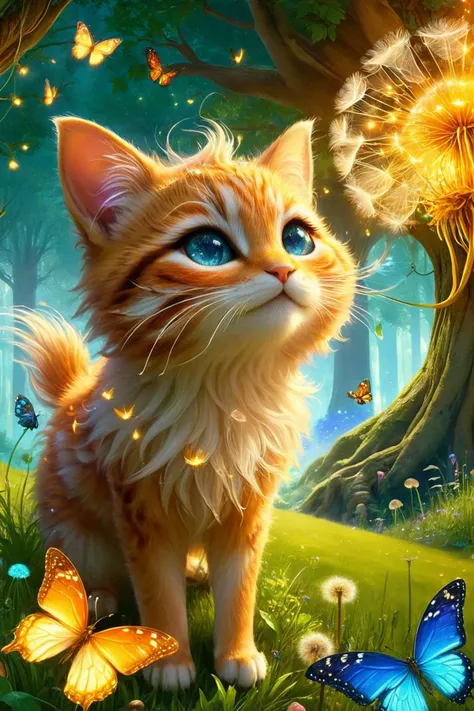A charming and adorable scene featuring a cute cat with puffed cheeks blowing on a dandelion. The cat's fur is soft and fluffy, with expressive, wide eyes that radiate innocence and curiosity. The scene is set in a whimsical fairy tale world, filled with vibrant, colorful flowers, and lush green grass. In the background, towering mushrooms, sparkling fairy lights, and magical creatures like fairies and butterflies flutter around. A gentle, golden light filters through the trees, casting a warm glow over the entire scene. The dandelion seeds float gracefully in the air, creating a sense of magic and wonder. (ultra-realistic, high detail, vibrant colors, whimsical, magical, fairy tale, cute, charming, soft lighting, serene atmosphere)
<lora:ral-fntsyrlms-sdxl:0.8> ral-fntsyrlms,
<lora:add-detail-xl:0.7>,
<lora:EnvyBetterHiresFixXL01:0.85>,
<lora:extremely_detailed:0.7>, extremely detailed,
<lora:gorgoeus_splash_of_vibrant_paint:0.7> Gorgeous splash of vibrant paint,