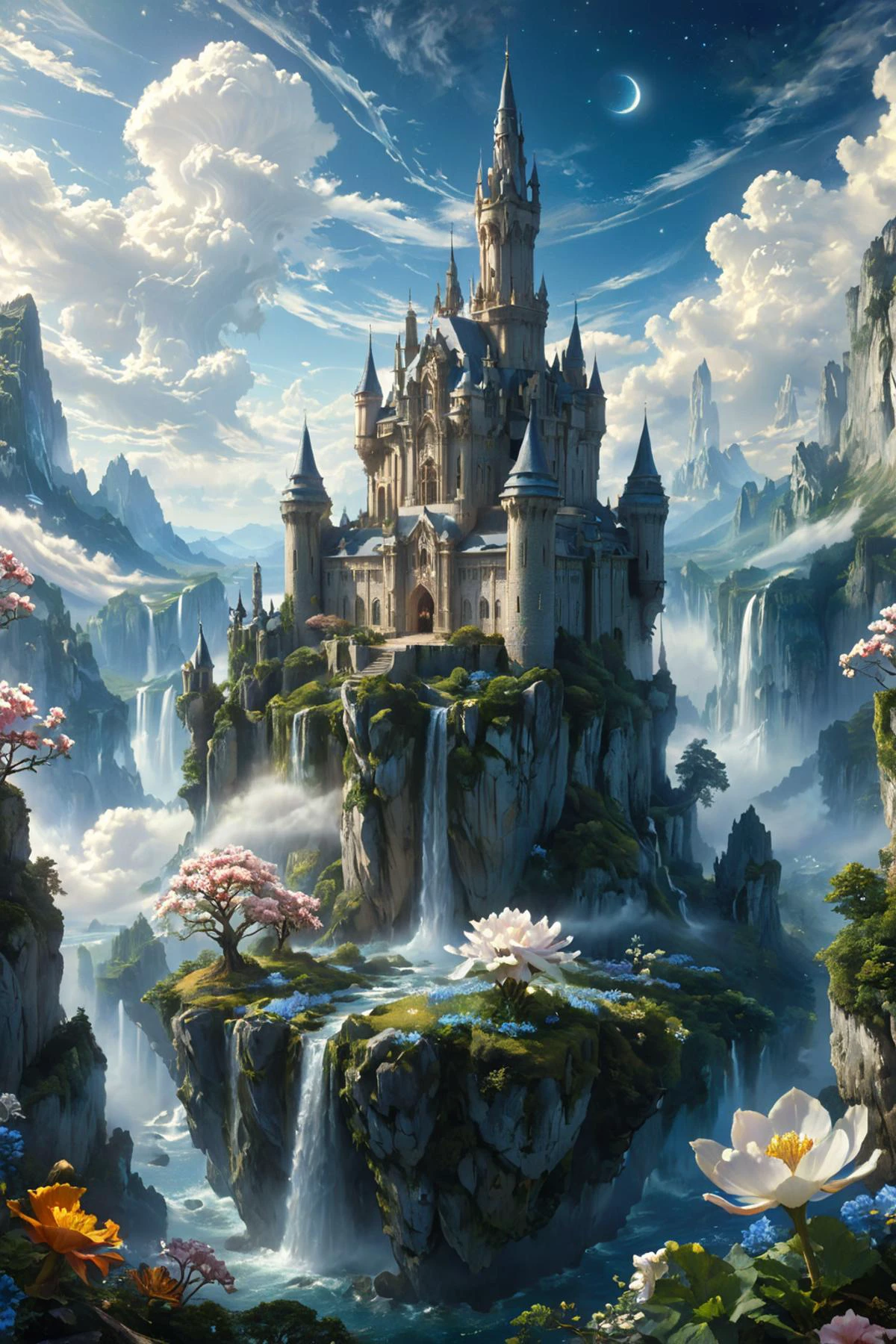 ethereal fantasy concept art of illustration of a grand castle suspended in the sky, detailed fantasy art, refined design, majestic spires reaching up towards the infinite expanse above, the castle is floating on a huge rock formation, shimmering white stone, wind elemental, hovering above the ground, elemental tendrils, ornate, swirling air, ethereal light, floating amidst billowing clouds, gardens bloom with flowers of every hue, waterfalls cascade down from hidden springs, dreamy, balanced composition, fractal art, vibrant, vivid colors, magnificent, celestial, ethereal, painterly, epic, majestic, magical, fantasy art, cover art, dreamy
<lora:ral-fntsyrlms-sdxl:0.7> ral-fntsyrlms,
<lora:add-detail-xl:1.0>,
<lora:quality1:1.0>,
<lora:extremely_detailed:1.0>, extremely detailed,
<lora:EldritchMixIllustration_1.1:0.35>,
<lora:zavy-cntrst-sdxl:0.75> dark, chiaroscuro, low-key,
<lora:xl_floating:0.85> floating island, surreal,