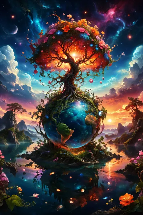 A surreal, fantastical scene featuring a bizarre plant that has grown into the shape of the Earth. The plant's tendrils wrap around the globe, with vibrant leaves and flowers blooming from its surface. The Earth is depicted with exaggerated, glowing colors, and the continents are interwoven with the plant's roots and vines. The background features a dreamy, otherworldly landscape with floating islands and a star-filled sky. The atmosphere is mystical and enchanting, blending the natural beauty of the plant with the surreal image of the Earth. Fantasy, surreal, high-definition, magical, vibrant, detailed, enchanting, mystical, imaginative, otherworldly, glowing, intricate, dynamic. transparent earth, glowing earth,
<lora:ral-mtclniscp-sdxl:0.6> ral-mtclniscp,
<lora:add-detail-xl:1.0>,
<lora:EldritchMixIllustration_1.0:0.35>,
<lora:WildcardX-XL-Detail-Enhancer:0.85>,
<lora:EnvyBetterHiresFixXL01:1.0>,
<lora:extremely_detailed:1.0>, extremely detailed, 
<lora:SDXLFaeTastic2400:0.35>