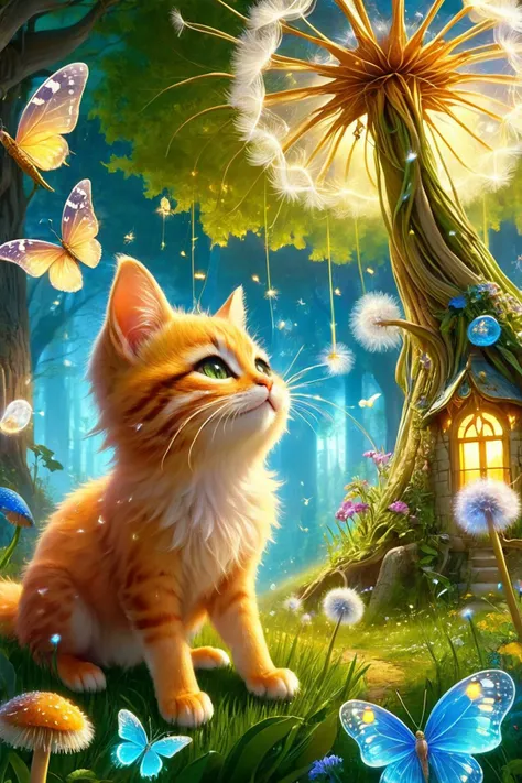 A charming and adorable scene featuring a cute cat with puffed cheeks blowing on a dandelion. The cat's fur is soft and fluffy, with expressive, wide eyes that radiate innocence and curiosity. The scene is set in a whimsical fairy tale world, filled with vibrant, colorful flowers, and lush green grass. In the background, towering mushrooms, sparkling fairy lights, and magical creatures like fairies and butterflies flutter around. A gentle, golden light filters through the trees, casting a warm glow over the entire scene. The dandelion seeds float gracefully in the air, creating a sense of magic and wonder. (ultra-realistic, high detail, vibrant colors, whimsical, magical, fairy tale, cute, charming, soft lighting, serene atmosphere)
<lora:ral-fntsyrlms-sdxl:0.8> ral-fntsyrlms,
<lora:add-detail-xl:0.7>,
<lora:EnvyBetterHiresFixXL01:0.85>,
<lora:extremely_detailed:0.7>, extremely detailed,
<lora:gorgoeus_splash_of_vibrant_paint:0.7> Gorgeous splash of vibrant paint,