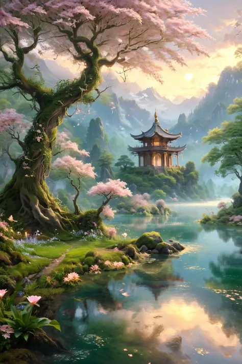A serene, mystical scene featuring a tranquil lake with a gentle stream flowing into it. In the distance, an ancient temple stands atop a small hill, partially obscured by a gentle mist. A small boat floats quietly on the still lake, with a lone crane standing nearby, adding a touch of elegance to the scene. Cherry blossom trees in full bloom line the shore, their delicate pink petals creating a beautiful contrast against the lush greenery. Various flowers dot the landscape, enhancing the natural beauty. The setting is bathed in a soft, weak sunlight, casting a warm, ethereal glow over the entire scene. The overall atmosphere is one of peaceful solitude and natural beauty, capturing the essence of a hidden paradise.
<lora:ral-fntsyrlms-sdxl:0.8> ral-fntsyrlms,
<lora:xl_more_art-full_v1:0.8>,
<lora:WildcardX-XL-Detail-Enhancer:0.8>,
<lora:gorgoeus_splash_of_vibrant_paint:1.2> Gorgeous splash of vibrant paint,