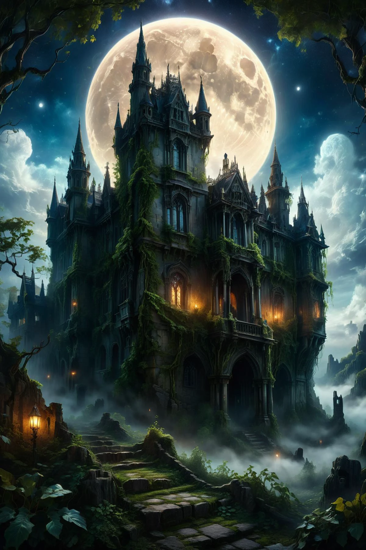 Ultra-realistic style, masterpiece quality, highly detailed. An ancient castle with weathered stone walls, intricate carvings, and textured surfaces. Vines and ivy climb up the sides, adding an aura of timelessness. Set against a night sky, the scene is illuminated by the subtle, silvery glow of the moon partially hidden behind wispy clouds. Shadows dance across the castle's façade, highlighting the gothic architecture and giving it a mysterious, almost haunting beauty. The atmosphere is both eerie and majestic, capturing the essence of an old-world fortress under the quiet night sky.
<lora:ral-mtclniscp-sdxl:0.8> ral-mtclniscp,
<lora:add-detail-xl:1.0>,
<lora:SDXLFaeTastic2400:0.8>,
<lora:EnvyBetterHiresFixXL01:1.0>,
<lora:extremely_detailed:1.5>, extremely detailed,
<lora:gorgoeus_splash_of_vibrant_paint:0.8> Gorgeous splash of vibrant paint,