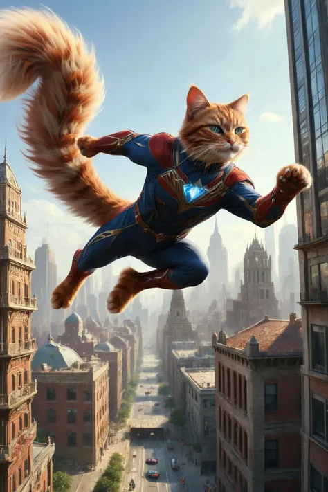 The scene captures cat leaping gracefully through the air, his iconic red and blue suit glistening in the sunlight. As he soars above the cityscape, tall skyscrapers form the backdrop, creating a sense of urban excitement. With a swift motion, cat shoots out webs from his hands, creating intricate patterns in the air as he swings effortlessly from building to building. The city streets below bustle with activity, but cat navigates through the chaos with ease, showcasing his agility and superhero prowess.
<lora:ral-fntsyrlms-sdxl:0.8> ral-fntsyrlms,
<lora:extremely_detailed:1.5>, extremely detailed,