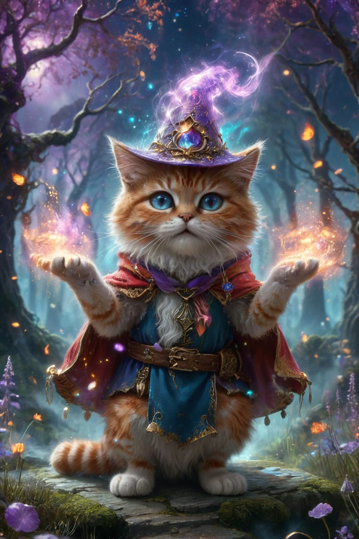 A close-up of an adorable cat wearing a tiny wizard hat and a matching cape, standing on its hind legs as if casting a spell. The cat's eyes are wide open in excitement, and it has a playful, mischievous expression. Around the cat, there are floating sparkles and magical effects, as if it's in the middle of a spell. The background is a whimsical, colorful fantasy scene with oversized mushrooms, enchanted trees, and glowing fireflies. (ultra-realistic, high detail, whimsical, humorous, vibrant colors, playful, cinematic, cute cat)
<lora:Fantasy_Wizard__Witches_SDXL:0.8> hkmagic,
<lora:ral-mtclniscp-sdxl:0.6> ral-mtclniscp,
<lora:add-detail-xl:1.0>,
<lora:EnvyBetterHiresFixXL01:1.0>,
<lora:extremely_detailed:1.0>, extremely detailed,