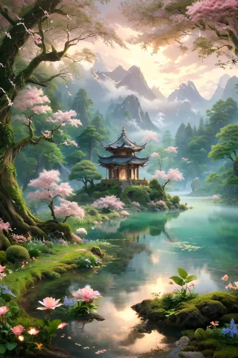 A serene, mystical scene featuring a tranquil lake with a gentle stream flowing into it. In the distance, an ancient temple stands atop a small hill, partially obscured by a gentle mist. A small boat floats quietly on the still lake, with a lone crane standing nearby, adding a touch of elegance to the scene. Cherry blossom trees in full bloom line the shore, their delicate pink petals creating a beautiful contrast against the lush greenery. Various flowers dot the landscape, enhancing the natural beauty. The setting is bathed in a soft, weak sunlight, casting a warm, ethereal glow over the entire scene. The overall atmosphere is one of peaceful solitude and natural beauty, capturing the essence of a hidden paradise.
<lora:ral-fntsyrlms-sdxl:0.8> ral-fntsyrlms,
<lora:xl_more_art-full_v1:0.8>,
<lora:WildcardX-XL-Detail-Enhancer:0.8>,
<lora:gorgoeus_splash_of_vibrant_paint:1.2> Gorgeous splash of vibrant paint,