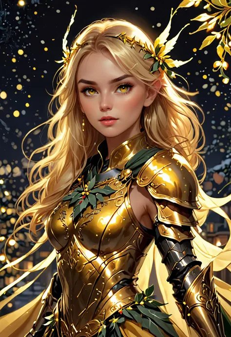 Illustration, elite female soldier, stunning blonde, beautiful mercenary, skilled warrior, gorgeous mstltmrc, wearing golden armor that looks like an elegant dress, (haute couture flowing dress, flowing layered dress that' s actually reactive luminescent armor), intricate details, team yellow, subtly adorned with actual mistletoe, lit by fairy lights, masterpiece, highly detailed, surrounded by fairy lights, (art by WLOP and Phil Noto)