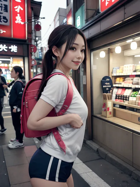 Masterpiece, hd, portrait, best quality, high res,
(1 women:1.3), realistic, solo, wearing t-shirt and miniskirt, , day time shopping stores, streets, city
Carries pink randoseru backpack, view from side, (school backpack:1.0)