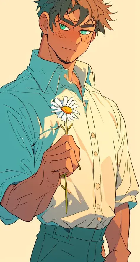 a man holding a daisy <lora:Holding_a_daisy:1>