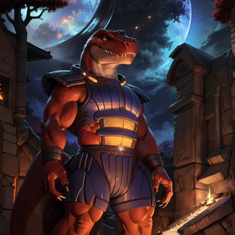 score_9, score_8_up, score_7_up, score_6_up, score_5_up, score_4_up,
8K CGI video game, powerful muscular build, muscular male, bara, side lighting, rim lighting, cinematic lighting, In'ei, (highly detailed), (Masterpiece), beautiful details, crisp, chiaroscuro, anime style, digital illustration, deep metallic colors, bright vivid colors, intricate detail, detailed background,
(character is (genghis rex, colored skin, red skin, dinosaur, tyrannosaurus rex, muscles, muscular, dinosaucers, futuristic armor, armor, sharp teeth, colored lines, villain, )),
((in the style of and art by racoon21, null ghost, taran fiddler, ruaidri, yupa, kiyosan, jiandou, darkgem, ReptileCynrik, FrAnubis, Pino Daeni, Raphael, Leonardo da Vinci, midjourney, Thomas Kinkade, James Gurney, Frank Lloyd Wright, )),
<lora:GenghisRex:0.85> <lora:add_detail:0.35> <lora:add_sharpness:0.15> <lora:EyesGen:0.25> <lora:YQ_MaterialEnhancer_:0.35> <lora:waterVFX:0.35> <lora:warmcolor_last:1> <lora:Realism:0.15> Realism <lora:Night:0.8> fantasy,night,tree,Medieval fantasy world,Moonlight at night,wilderness,night