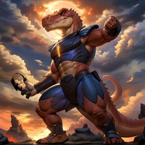 score_9, score_8_up, score_7_up, score_6_up, score_5_up, score_4_up,
8K CGI video game, powerful muscular build, muscular male, bara, side lighting, rim lighting, cinematic lighting, In'ei, (highly detailed), (Masterpiece), beautiful details, crisp, chiaroscuro, anime style, digital illustration, deep metallic colors, bright vivid colors, intricate detail, detailed background,
(character is (genghis rex, colored skin, red skin, dinosaur, tyrannosaurus rex, muscles, muscular, dinosaucers, futuristic armor, armor, sharp teeth, colored lines, villain, )),
((in the style of and art by racoon21, null ghost, taran fiddler, ruaidri, yupa, kiyosan, jiandou, darkgem, ReptileCynrik, FrAnubis, Pino Daeni, Raphael, Leonardo da Vinci, midjourney, Thomas Kinkade, James Gurney, Frank Lloyd Wright, )),
<lora:GenghisRex:0.85> <lora:add_detail:0.35> <lora:add_sharpness:0.15> <lora:EyesGen:0.25> <lora:YQ_MaterialEnhancer_:0.35> <lora:waterVFX:0.35> <lora:warmcolor_last:0.35> <lora:Night:0.35> fantasy,night,tree,Medieval fantasy world,Moonlight at night,wilderness,night, <lora:PAseerCloudV1:0.5> clouds