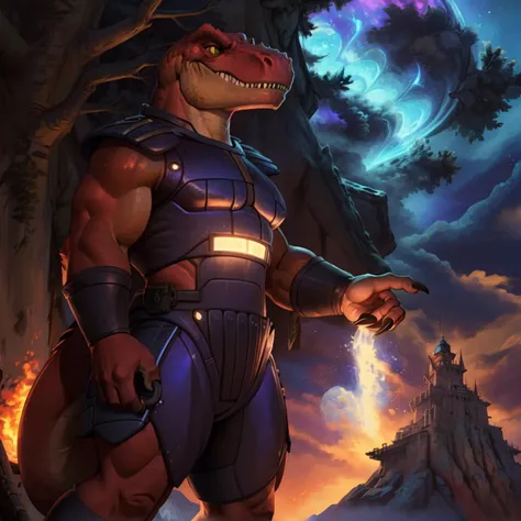score_9, score_8_up, score_7_up, score_6_up, score_5_up, score_4_up,
8K CGI video game, powerful muscular build, muscular male, bara, side lighting, rim lighting, cinematic lighting, In'ei, (highly detailed), (Masterpiece), beautiful details, crisp, chiaroscuro, anime style, digital illustration, deep metallic colors, bright vivid colors, intricate detail, detailed background,
(character is (genghis rex, colored skin, red skin, dinosaur, tyrannosaurus rex, muscles, muscular, dinosaucers, futuristic armor, armor, sharp teeth, colored lines, villain, )),
((in the style of and art by racoon21, null ghost, taran fiddler, ruaidri, yupa, kiyosan, jiandou, darkgem, ReptileCynrik, FrAnubis, Pino Daeni, Raphael, Leonardo da Vinci, midjourney, Thomas Kinkade, James Gurney, Frank Lloyd Wright, )),
<lora:GenghisRex:0.85> <lora:add_detail:0.35> <lora:add_sharpness:0.15> <lora:EyesGen:0.25> <lora:YQ_MaterialEnhancer_:0.35> <lora:waterVFX:0.35> <lora:warmcolor_last:1> <lora:Night:0.8> fantasy,night,tree,Medieval fantasy world,Moonlight at night,wilderness,night