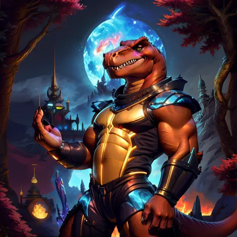 score_9, score_8_up, score_7_up, score_6_up, score_5_up, score_4_up,
8K CGI video game, powerful muscular build, muscular male, bara, side lighting, rim lighting, cinematic lighting, In'ei, (highly detailed), (Masterpiece), beautiful details, crisp, chiaroscuro, anime style, digital illustration, deep metallic colors, bright vivid colors, intricate detail, detailed background,
(character is (genghis rex, colored skin, red skin, dinosaur, tyrannosaurus rex, muscles, muscular, dinosaucers, futuristic armor, armor, sharp teeth, colored lines, villain, )),
((in the style of and art by racoon21, null ghost, taran fiddler, ruaidri, yupa, kiyosan, jiandou, darkgem, ReptileCynrik, FrAnubis, Pino Daeni, Raphael, Leonardo da Vinci, midjourney, Thomas Kinkade, James Gurney, Frank Lloyd Wright, )),
<lora:GenghisRex:0.85> <lora:add_detail:0.35> <lora:add_sharpness:0.15> <lora:EyesGen:0.25> <lora:YQ_MaterialEnhancer_:0.35> <lora:waterVFX:0.35> <lora:warmcolor_last:1> <lora:Realism:0.8> Realism <lora:Night:0.8> fantasy,night,tree,Medieval fantasy world,Moonlight at night,wilderness,night