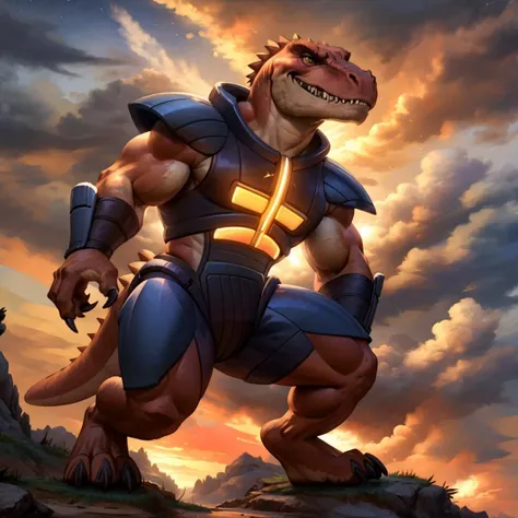 score_9, score_8_up, score_7_up, score_6_up, score_5_up, score_4_up,
8K CGI video game, powerful muscular build, muscular male, bara, side lighting, rim lighting, cinematic lighting, In'ei, (highly detailed), (Masterpiece), beautiful details, crisp, chiaroscuro, anime style, digital illustration, deep metallic colors, bright vivid colors, intricate detail, detailed background,
(character is (genghis rex, colored skin, red skin, dinosaur, tyrannosaurus rex, muscles, muscular, dinosaucers, futuristic armor, armor, sharp teeth, colored lines, villain, )),
((in the style of and art by racoon21, null ghost, taran fiddler, ruaidri, yupa, kiyosan, jiandou, darkgem, ReptileCynrik, FrAnubis, Pino Daeni, Raphael, Leonardo da Vinci, midjourney, Thomas Kinkade, James Gurney, Frank Lloyd Wright, )),
<lora:GenghisRex:0.85> <lora:add_detail:0.35> <lora:add_sharpness:0.15> <lora:EyesGen:0.25> <lora:YQ_MaterialEnhancer_:0.35> <lora:waterVFX:0.35> <lora:warmcolor_last:0.35> <lora:Night:0.35> fantasy,night,tree,Medieval fantasy world,Moonlight at night,wilderness,night, <lora:PAseerCloudV1:0.5> clouds
