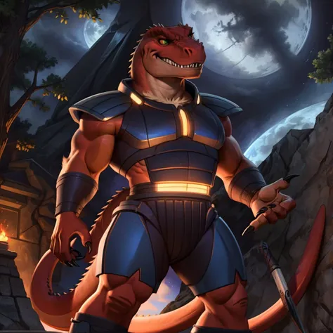 score_9, score_8_up, score_7_up, score_6_up, score_5_up, score_4_up,
8K CGI video game, powerful muscular build, muscular male, bara, side lighting, rim lighting, cinematic lighting, In'ei, (highly detailed), (Masterpiece), beautiful details, crisp, chiaroscuro, anime style, digital illustration, deep metallic colors, bright vivid colors, intricate detail, detailed background,
(character is (genghis rex, colored skin, red skin, dinosaur, tyrannosaurus rex, muscles, muscular, dinosaucers, futuristic armor, armor, sharp teeth, colored lines, villain, )),
((in the style of and art by racoon21, null ghost, taran fiddler, ruaidri, yupa, kiyosan, jiandou, darkgem, ReptileCynrik, FrAnubis, Pino Daeni, Raphael, Leonardo da Vinci, midjourney, Thomas Kinkade, James Gurney, Frank Lloyd Wright, )),
<lora:GenghisRex:0.85> <lora:add_detail:0.35> <lora:add_sharpness:0.15> <lora:EyesGen:0.25> <lora:YQ_MaterialEnhancer_:0.35> <lora:waterVFX:0.35> <lora:warmcolor_last:0.35> <lora:Night:0.35> fantasy,night,tree,Medieval fantasy world,Moonlight at night,wilderness,night