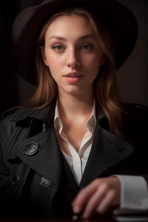 Merger_mel_faynia,
(a 1940s private investigator wearing a trench coat and rimmed hat sitting in a drab dank office at the desk using a typewriter, private investigator, 1940s:1.2),
bokeh, f1.4, 40mm, photorealistic, raw, 8k, textured skin, skin pores, intricate details <lora:epi_noiseoffset2:1>, epiCRealism <lora:ClothingAdjuster3:-1>