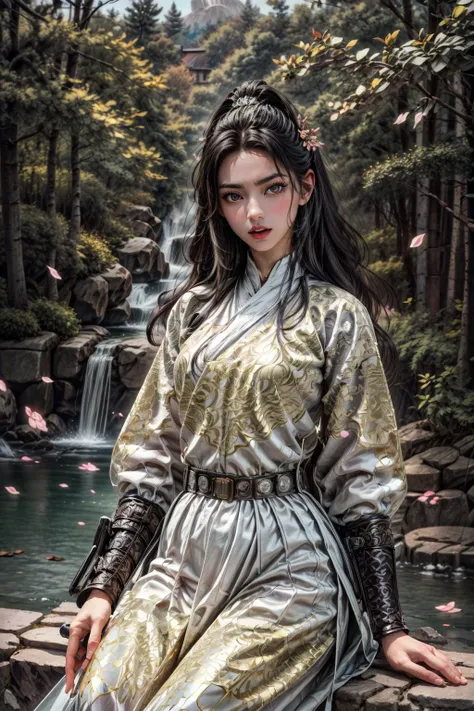 <(best quality, extremery best quality, masterpiece:1.4), (realistic, intricate details:1.4), (photorealistic:1.4), (extremely intricate:1.4), highres, ultra highres, ultra detailed, ultra-detailed, absurdres, incredibly absurdres, extremely detailed, high quality, high resolution, hyperrealistic, ultra-realistic, hyper-detailed, top quality, best, fine detail, massive detail, Highly detailed, extreme detailed, highest detailed, high-res, absolutely resolution, reflection, (refraction:1.4), (hyperrealism:1.4), ultra realistic details, highly intricate details, insane details>, BREAK, (1girl:1.3), solo, looking at viewer, (young cute beautiful 18-year-old girl:1.4), 3d face, (hand of Guido Daniele:1.4), beautiful girl, Beautiful face, pretty, girlface, kpop idol, supermodel, stunning innocent symmetry face, perfect body, medium breast, slim waist, slim legs, (high detailed skin:1.5), glowing eyes, goddess, natural skin texture, shiny skin, White skin, Beautiful detailed face, detailed face, real skin texture, cute delicate face, finely detailed face, golden ratio, golden ratio face, expressive eyes, perfect face, perfect skin, flawless face, clear face, shiny hair, pale skin, Proper body proportion, perfect anatomy, realistic skin texture, luscious lips, glossy lips, natural makeup, beautiful bright pupils, slender figure, intricate eyes, detailed pupils, detailed face and eyes, longeyelashes, blush, good hand, perfect hands, pretty face, beautiful female bodies, finely detailed skin, oily shiny skin, clean facial features, an extremely delicate and beautiful, cute & girly, beautiful detailed eyes, stars in the eyes, detailed simmetric eyes, perfect smooth skin texture, BREAK, (((((brilliant colors, (white robe, chinese clothes, (Bracers:1.2), white robe, chinese clothes, sexy, slim, in the style of energetic movement, low-angle, long hair, gray hair, white hair, purple eyes, sword, ((holding sword)), blue flames, glowing weapon, light particles, wallpaper, chromatic aberration:1.4), goddess women, aura, most beautiful artwork in the world, atmosphere:1.2), (dramatic, gritty, intense:1.4), (depth of field:1.7), (palace, plum blossoms, a girl in hanfu, mountain, river, old tree, pine trees, birds, moss, there is white cat sitting near girl:1.2), (ornaments detailed, traditional clothes, water, chinese clothes, sash, tree, petals, hair ornament, floating hair, rock, falling petals, flower, chinese traditional architecture, ancient art, chinese style, Chinese, lake background, chinese buildings, misty lake, ancient chinese background, after the rain, wet grass and trees, waterfall, flying splashes, flying petals, leaves, bloom, bloom effect, surrounded by heavy floating petal flow, petal, leaves falling from the tree, peaceful atmosphere, mountainous backdrop, authentic cultural experience, quiet whispers, hushed conversations, tranquil silence, crisp air, soulful melodies, a sense of belonging, bonding with nature, quiet reflection:1.3), (long_hair, mountain background, forest, river in background, landscape, water reflection:1.3), slow-motion action sequences, surreal details, charging forward, (light anger:1.4), ( absurdly long hair:1.5), ((The girl looked disgusted)), (long legs:1.3), A shot with tension, (Visual impact, giving the poster a dynamic and visually striking appearance:1.2), impactful picture, (joshua middleton comic cover art, hypermaximalist, instagram contest winner, fashion color scheme, trending on cgsociety, playful illustrations, imaginative overlays, artistic fusion, fantastical scenes, evocative narratives, striking visuals:1.3), (Glowing ambiance, enchanting radiance, luminous lighting, ethereal atmosphere, mesmerizing glow, evocative hues, captivating coloration, dramatic lighting, enchanting aura:1.2), (moon, melanchonic soft light, photorealistic faces, moody lighting:1.4), (night, Night time, moon light, Golden Hour, sky, landscape, stars, starry, galaxy sky, milky way, night sky full of stars:1.2), (braids, floating hair, rock, bloom, bloom effect, random patterns, energetic movement, bold colors, dynamic texture, spontaneous creativity:1.2), (blush, Pink lips, Pink lip colour, flat bangs:1.4), (long_hair, outdoors:1.3), (breeze, dust is drifting, ethereal, scenery, nature, mysterious background, fog, wind:1.2), (iridescent colors, Iridescence, mysterious, fantasy background, fantasy, open mouth:1.2), (Luminescent Particles:1.3), (fullbody:1.2), (eye focus, face focus, character focus, close-up face:1.2), (dutch angle, cowboy shot:1.3), colorful refraction)))), BREAK, <hyper realistic DSLR photo, Nikon D5, cinematic portrait, portrait, ultra sharp, analog film photography, film emulation, bokeh, blurry noise background, watercolor, available light, detailed light, volumetric fog, beautiful lighting, Rembrandt lighting, Cinematic, pixel art, game art, key visual, surreal, PBR Texturing, Anisotropic Filtering, Maximum Clarity And Sharpness, Albedo And Specular Maps, Multi-Layered Textures, Surface Shading, Sub-Pixel Convolution, Sub-Pixel Convolution, Accurate Simulation Of Light-Material Interaction, blurry foreground, broad light, volumetric light effect, matte painting, perfectly defined features, volumetric lighting, Tone Mapping, Lumen Reflections, Global illumination, Ray Tracing, Screen Space Global Illumination, Accent Lighting, 32k, Natural Lighting, volumetric, cinematic masterpiece, Rule of thirds, high dynamic range, Multi-exposure HDR capture, cinematic render, game cg cinematic, atmospheric perspective, movie scene, epic dynamic frame, motion blur, ((cinematic look, Film look)), rim light, 4k textures, adobe lightroom, photolab, hyperdetailed, exposure blend, professional color grading, professional color correction, aerial perspective, particles and dust in beams of light, cinematic scene, dynamic lighting, sharp details, lomography, soft focus, light leaks, bold hues, atmospheric depth, (explosive light and shadow:1.2), aesthetics, intricate designs, ultra realistic digital art, (zentangle, mandala, tangle, entangle), (fractal art), elegant, vivid colours, floating particles, particles, epic, (ink drawing, oil painting detailed), RAW, huge filesize, extremery detailed CG, Photo, 8k uhd, cinematic atmosphere, trending on artstation, award-winning glamour photograph, highly detailed photo, official art, beautiful and aesthetic, unity 8k wallpaper, beautiful, highly detailed CG illustration, best illustration, intricate, Amazing, emotional, analog, painting, digital painting, concept art, Oil Painting, illustration, Classical art, Renaissance, Romanticism, Neoclassicism, Color Palette, depth and contrast, Vibrant colors, saturated, rich saturation, color harmony, vivid palette, concept-art, design style, detail character, concept render, colorful, analog photography, dreamy atmosphere, specular highlights, atmospheric lighting, (dynamic angle, dynamic pose :1.3), (shiny, clothes reflecting light, lens flare, bloom effect, light particle, lens glare:1.3), realistic light, realistic lighting, cinematic light, (cinematic lighting), light in the face, soft lighting, saturated colors, detailed background, sharp focus, 8k high definition, perspective, Master Composition, roughness, post-processing, soft shadows, realistic shadows, ambient occlusion, ray-tracing, subsurface scattering, photon mapping, physically-based rendering, octane rendering, unreal engine 5, ue5 rendering, Adobe After FX, dslr, RTX, Best character details, radiosity, sharp, antialiased, RAW photo, HDR, 8k, 4k, (((Photographed by Roger Deakins, using a RED Monstro 8K VV camera and a series of high-end lenses))), ((Hasselblad photography)), (film grain:1.4), Kodak portra 400, ((Fujifilm X-T5)), professional photograph, caustics, Broad lighting, diffuse lighting, rim lighting, two tone lighting, textile details, visible pores, high resolution scan, professionally color graded, photographic reality, automatic white balance, best lighting, detailed shadow, high contrast, strong light and shadow>, (PureErosFace_V1:0.4), (ulzzang-6500:0.6), <lora:epiNoiseoffset_v3:2>, <lora:add_detail:0.6>, <lora:hipoly_3dcg_v7-epoch-000012:0.6>, (kbxll:0.6), <lora:more_details:0.6>, <lora:Chinese clothing, Feiyu outfit:1>