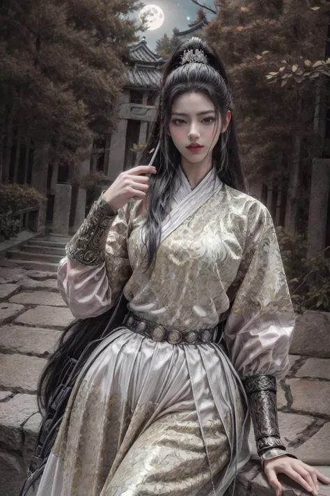 <(best quality, extremery best quality, masterpiece:1.4), (realistic, intricate details:1.4), (photorealistic:1.4), (extremely intricate:1.4), highres, ultra highres, ultra detailed, ultra-detailed, absurdres, incredibly absurdres, extremely detailed, high quality, high resolution, hyperrealistic, ultra-realistic, hyper-detailed, top quality, best, fine detail, massive detail, Highly detailed, extreme detailed, highest detailed, high-res, absolutely resolution, reflection, (refraction:1.4), (hyperrealism:1.4), ultra realistic details, highly intricate details, insane details>, BREAK, (1girl:1.3), solo, looking at viewer, (young cute beautiful 18-year-old girl:1.4), 3d face, (hand of Guido Daniele:1.4), beautiful girl, Beautiful face, pretty, girlface, kpop idol, supermodel, stunning innocent symmetry face, perfect body, medium breast, slim waist, slim legs, (high detailed skin:1.5), glowing eyes, goddess, natural skin texture, shiny skin, White skin, Beautiful detailed face, detailed face, real skin texture, cute delicate face, finely detailed face, golden ratio, golden ratio face, expressive eyes, perfect face, perfect skin, flawless face, clear face, shiny hair, pale skin, Proper body proportion, perfect anatomy, realistic skin texture, luscious lips, glossy lips, natural makeup, beautiful bright pupils, slender figure, intricate eyes, detailed pupils, detailed face and eyes, longeyelashes, blush, good hand, perfect hands, pretty face, beautiful female bodies, finely detailed skin, oily shiny skin, clean facial features, an extremely delicate and beautiful, cute & girly, beautiful detailed eyes, stars in the eyes, detailed simmetric eyes, perfect smooth skin texture, BREAK, (((((brilliant colors, (white robe, chinese clothes, (Bracers:1.2), white robe, chinese clothes, sexy, slim, in the style of energetic movement, low-angle, long hair, gray hair, white hair, purple eyes, sword, ((holding sword)), blue flames, glowing weapon, light particles, wallpaper, chromatic aberration:1.4), goddess women, aura, most beautiful artwork in the world, atmosphere:1.2), (dramatic, gritty, intense:1.4), (depth of field:1.7), (palace, plum blossoms, a girl in hanfu, mountain, river, old tree, pine trees, birds, moss, there is white cat sitting near girl:1.2), (ornaments detailed, traditional clothes, water, chinese clothes, sash, tree, petals, hair ornament, floating hair, rock, falling petals, flower, chinese traditional architecture, ancient art, chinese style, Chinese, lake background, chinese buildings, misty lake, ancient chinese background, after the rain, wet grass and trees, waterfall, flying splashes, flying petals, leaves, bloom, bloom effect, surrounded by heavy floating petal flow, petal, leaves falling from the tree, peaceful atmosphere, mountainous backdrop, authentic cultural experience, quiet whispers, hushed conversations, tranquil silence, crisp air, soulful melodies, a sense of belonging, bonding with nature, quiet reflection:1.3), (long_hair, mountain background, forest, river in background, landscape, water reflection:1.3), slow-motion action sequences, surreal details, charging forward, (light anger:1.4), ( absurdly long hair:1.5), ((The girl looked disgusted)), (long legs:1.3), A shot with tension, (Visual impact, giving the poster a dynamic and visually striking appearance:1.2), impactful picture, (joshua middleton comic cover art, hypermaximalist, instagram contest winner, fashion color scheme, trending on cgsociety, playful illustrations, imaginative overlays, artistic fusion, fantastical scenes, evocative narratives, striking visuals:1.3), (Glowing ambiance, enchanting radiance, luminous lighting, ethereal atmosphere, mesmerizing glow, evocative hues, captivating coloration, dramatic lighting, enchanting aura:1.2), (moon, melanchonic soft light, photorealistic faces, moody lighting:1.4), (night, Night time, moon light, Golden Hour, sky, landscape, stars, starry, galaxy sky, milky way, night sky full of stars:1.2), (braids, floating hair, rock, bloom, bloom effect, random patterns, energetic movement, bold colors, dynamic texture, spontaneous creativity:1.2), (blush, Pink lips, Pink lip colour, flat bangs:1.4), (long_hair, outdoors:1.3), (breeze, dust is drifting, ethereal, scenery, nature, mysterious background, fog, wind:1.2), (iridescent colors, Iridescence, mysterious, fantasy background, fantasy, open mouth:1.2), (Luminescent Particles:1.3), (fullbody:1.2), (eye focus, face focus, character focus, close-up face:1.2), (dutch angle, cowboy shot:1.3), colorful refraction)))), BREAK, <hyper realistic DSLR photo, Nikon D5, cinematic portrait, portrait, ultra sharp, analog film photography, film emulation, bokeh, blurry noise background, watercolor, available light, detailed light, volumetric fog, beautiful lighting, Rembrandt lighting, Cinematic, pixel art, game art, key visual, surreal, PBR Texturing, Anisotropic Filtering, Maximum Clarity And Sharpness, Albedo And Specular Maps, Multi-Layered Textures, Surface Shading, Sub-Pixel Convolution, Sub-Pixel Convolution, Accurate Simulation Of Light-Material Interaction, blurry foreground, broad light, volumetric light effect, matte painting, perfectly defined features, volumetric lighting, Tone Mapping, Lumen Reflections, Global illumination, Ray Tracing, Screen Space Global Illumination, Accent Lighting, 32k, Natural Lighting, volumetric, cinematic masterpiece, Rule of thirds, high dynamic range, Multi-exposure HDR capture, cinematic render, game cg cinematic, atmospheric perspective, movie scene, epic dynamic frame, motion blur, ((cinematic look, Film look)), rim light, 4k textures, adobe lightroom, photolab, hyperdetailed, exposure blend, professional color grading, professional color correction, aerial perspective, particles and dust in beams of light, cinematic scene, dynamic lighting, sharp details, lomography, soft focus, light leaks, bold hues, atmospheric depth, (explosive light and shadow:1.2), aesthetics, intricate designs, ultra realistic digital art, (zentangle, mandala, tangle, entangle), (fractal art), elegant, vivid colours, floating particles, particles, epic, (ink drawing, oil painting detailed), RAW, huge filesize, extremery detailed CG, Photo, 8k uhd, cinematic atmosphere, trending on artstation, award-winning glamour photograph, highly detailed photo, official art, beautiful and aesthetic, unity 8k wallpaper, beautiful, highly detailed CG illustration, best illustration, intricate, Amazing, emotional, analog, painting, digital painting, concept art, Oil Painting, illustration, Classical art, Renaissance, Romanticism, Neoclassicism, Color Palette, depth and contrast, Vibrant colors, saturated, rich saturation, color harmony, vivid palette, concept-art, design style, detail character, concept render, colorful, analog photography, dreamy atmosphere, specular highlights, atmospheric lighting, (dynamic angle, dynamic pose :1.3), (shiny, clothes reflecting light, lens flare, bloom effect, light particle, lens glare:1.3), realistic light, realistic lighting, cinematic light, (cinematic lighting), light in the face, soft lighting, saturated colors, detailed background, sharp focus, 8k high definition, perspective, Master Composition, roughness, post-processing, soft shadows, realistic shadows, ambient occlusion, ray-tracing, subsurface scattering, photon mapping, physically-based rendering, octane rendering, unreal engine 5, ue5 rendering, Adobe After FX, dslr, RTX, Best character details, radiosity, sharp, antialiased, RAW photo, HDR, 8k, 4k, (((Photographed by Roger Deakins, using a RED Monstro 8K VV camera and a series of high-end lenses))), ((Hasselblad photography)), (film grain:1.4), Kodak portra 400, ((Fujifilm X-T5)), professional photograph, caustics, Broad lighting, diffuse lighting, rim lighting, two tone lighting, textile details, visible pores, high resolution scan, professionally color graded, photographic reality, automatic white balance, best lighting, detailed shadow, high contrast, strong light and shadow>, (PureErosFace_V1:0.4), (ulzzang-6500:0.6), <lora:epiNoiseoffset_v3:2>, <lora:add_detail:0.6>, <lora:hipoly_3dcg_v7-epoch-000012:0.6>, (kbxll:0.6), <lora:more_details:0.6>, <lora:Chinese clothing, Feiyu outfit:1>