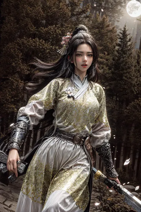 <(best quality, extremery best quality, masterpiece:1.4), (realistic, intricate details:1.4), (photorealistic:1.4), (extremely intricate:1.4), highres, ultra highres, ultra detailed, ultra-detailed, absurdres, incredibly absurdres, extremely detailed, high quality, high resolution, hyperrealistic, ultra-realistic, hyper-detailed, top quality, best, fine detail, massive detail, Highly detailed, extreme detailed, highest detailed, high-res, absolutely resolution, reflection, (refraction:1.4), (hyperrealism:1.4), ultra realistic details, highly intricate details, insane details>, BREAK, (1girl:1.3), solo, looking at viewer, (young cute beautiful 18-year-old girl:1.4), 3d face, (hand of Guido Daniele:1.4), beautiful girl, Beautiful face, pretty, girlface, kpop idol, supermodel, stunning innocent symmetry face, perfect body, medium breast, slim waist, slim legs, (high detailed skin:1.5), glowing eyes, goddess, natural skin texture, shiny skin, White skin, Beautiful detailed face, detailed face, real skin texture, cute delicate face, finely detailed face, golden ratio, golden ratio face, expressive eyes, perfect face, perfect skin, flawless face, clear face, shiny hair, pale skin, Proper body proportion, perfect anatomy, realistic skin texture, luscious lips, glossy lips, natural makeup, beautiful bright pupils, slender figure, intricate eyes, detailed pupils, detailed face and eyes, longeyelashes, blush, good hand, perfect hands, pretty face, beautiful female bodies, finely detailed skin, oily shiny skin, clean facial features, an extremely delicate and beautiful, cute & girly, beautiful detailed eyes, stars in the eyes, detailed simmetric eyes, perfect smooth skin texture, BREAK, (((((brilliant colors, (white robe, chinese clothes, (Bracers:1.2), white robe, chinese clothes, sexy, slim, in the style of energetic movement, low-angle, long hair, gray hair, white hair, purple eyes, sword, ((holding sword)), blue flames, glowing weapon, light particles, wallpaper, chromatic aberration:1.4), goddess women, aura, most beautiful artwork in the world, atmosphere:1.2), (dramatic, gritty, intense:1.4), (depth of field:1.7), (palace, plum blossoms, a girl in hanfu, mountain, river, old tree, pine trees, birds, moss, there is white cat sitting near girl:1.2), (ornaments detailed, traditional clothes, water, chinese clothes, sash, tree, petals, hair ornament, floating hair, rock, falling petals, flower, chinese traditional architecture, ancient art, chinese style, Chinese, lake background, chinese buildings, misty lake, ancient chinese background, after the rain, wet grass and trees, waterfall, flying splashes, flying petals, leaves, bloom, bloom effect, surrounded by heavy floating petal flow, petal, leaves falling from the tree, peaceful atmosphere, mountainous backdrop, authentic cultural experience, quiet whispers, hushed conversations, tranquil silence, crisp air, soulful melodies, a sense of belonging, bonding with nature, quiet reflection:1.3), (long_hair, mountain background, forest, river in background, landscape, water reflection:1.3), slow-motion action sequences, surreal details, charging forward, (light anger:1.4), ( absurdly long hair:1.5), ((The girl looked disgusted)), (long legs:1.3), A shot with tension, (Visual impact, giving the poster a dynamic and visually striking appearance:1.2), impactful picture, (joshua middleton comic cover art, hypermaximalist, instagram contest winner, fashion color scheme, trending on cgsociety, playful illustrations, imaginative overlays, artistic fusion, fantastical scenes, evocative narratives, striking visuals:1.3), (Glowing ambiance, enchanting radiance, luminous lighting, ethereal atmosphere, mesmerizing glow, evocative hues, captivating coloration, dramatic lighting, enchanting aura:1.2), (moon, melanchonic soft light, photorealistic faces, moody lighting:1.4), (night, Night time, moon light, Golden Hour, sky, landscape, stars, starry, galaxy sky, milky way, night sky full of stars:1.2), (braids, floating hair, rock, bloom, bloom effect, random patterns, energetic movement, bold colors, dynamic texture, spontaneous creativity:1.2), (blush, Pink lips, Pink lip colour, flat bangs:1.4), (long_hair, outdoors:1.3), (breeze, dust is drifting, ethereal, scenery, nature, mysterious background, fog, wind:1.2), (iridescent colors, Iridescence, mysterious, fantasy background, fantasy, open mouth:1.2), (Luminescent Particles:1.3), (fullbody:1.2), (eye focus, face focus, character focus, close-up face:1.2), (dutch angle, cowboy shot:1.3), colorful refraction)))), BREAK, <hyper realistic DSLR photo, Nikon D5, cinematic portrait, portrait, ultra sharp, analog film photography, film emulation, bokeh, blurry noise background, watercolor, available light, detailed light, volumetric fog, beautiful lighting, Rembrandt lighting, Cinematic, pixel art, game art, key visual, surreal, PBR Texturing, Anisotropic Filtering, Maximum Clarity And Sharpness, Albedo And Specular Maps, Multi-Layered Textures, Surface Shading, Sub-Pixel Convolution, Sub-Pixel Convolution, Accurate Simulation Of Light-Material Interaction, blurry foreground, broad light, volumetric light effect, matte painting, perfectly defined features, volumetric lighting, Tone Mapping, Lumen Reflections, Global illumination, Ray Tracing, Screen Space Global Illumination, Accent Lighting, 32k, Natural Lighting, volumetric, cinematic masterpiece, Rule of thirds, high dynamic range, Multi-exposure HDR capture, cinematic render, game cg cinematic, atmospheric perspective, movie scene, epic dynamic frame, motion blur, ((cinematic look, Film look)), rim light, 4k textures, adobe lightroom, photolab, hyperdetailed, exposure blend, professional color grading, professional color correction, aerial perspective, particles and dust in beams of light, cinematic scene, dynamic lighting, sharp details, lomography, soft focus, light leaks, bold hues, atmospheric depth, (explosive light and shadow:1.2), aesthetics, intricate designs, ultra realistic digital art, (zentangle, mandala, tangle, entangle), (fractal art), elegant, vivid colours, floating particles, particles, epic, (ink drawing, oil painting detailed), RAW, huge filesize, extremery detailed CG, Photo, 8k uhd, cinematic atmosphere, trending on artstation, award-winning glamour photograph, highly detailed photo, official art, beautiful and aesthetic, unity 8k wallpaper, beautiful, highly detailed CG illustration, best illustration, intricate, Amazing, emotional, analog, painting, digital painting, concept art, Oil Painting, illustration, Classical art, Renaissance, Romanticism, Neoclassicism, Color Palette, depth and contrast, Vibrant colors, saturated, rich saturation, color harmony, vivid palette, concept-art, design style, detail character, concept render, colorful, analog photography, dreamy atmosphere, specular highlights, atmospheric lighting, (dynamic angle, dynamic pose :1.3), (shiny, clothes reflecting light, lens flare, bloom effect, light particle, lens glare:1.3), realistic light, realistic lighting, cinematic light, (cinematic lighting), light in the face, soft lighting, saturated colors, detailed background, sharp focus, 8k high definition, perspective, Master Composition, roughness, post-processing, soft shadows, realistic shadows, ambient occlusion, ray-tracing, subsurface scattering, photon mapping, physically-based rendering, octane rendering, unreal engine 5, ue5 rendering, Adobe After FX, dslr, RTX, Best character details, radiosity, sharp, antialiased, RAW photo, HDR, 8k, 4k, (((Photographed by Roger Deakins, using a RED Monstro 8K VV camera and a series of high-end lenses))), ((Hasselblad photography)), (film grain:1.4), Kodak portra 400, ((Fujifilm X-T5)), professional photograph, caustics, Broad lighting, diffuse lighting, rim lighting, two tone lighting, textile details, visible pores, high resolution scan, professionally color graded, photographic reality, automatic white balance, best lighting, detailed shadow, high contrast, strong light and shadow>, (PureErosFace_V1:0.4), (ulzzang-6500:0.6), <lora:epiNoiseoffset_v3:2>, <lora:add_detail:0.6>, <lora:hipoly_3dcg_v7-epoch-000012:0.6>, (kbxll:0.6), <lora:more_details:0.6>, <lora:Chinese clothing, Feiyu outfit:1>