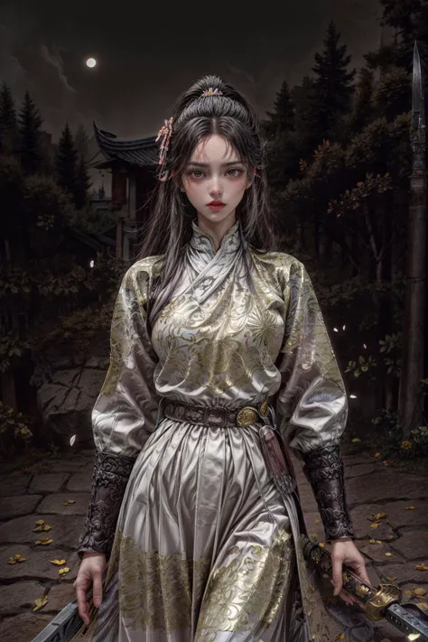 <(best quality, extremery best quality, masterpiece:1.4), (realistic, intricate details:1.4), (photorealistic:1.4), (extremely intricate:1.4), highres, ultra highres, ultra detailed, ultra-detailed, absurdres, incredibly absurdres, extremely detailed, high quality, high resolution, hyperrealistic, ultra-realistic, hyper-detailed, top quality, best, fine detail, massive detail, Highly detailed, extreme detailed, highest detailed, high-res, absolutely resolution, reflection, (refraction:1.4), (hyperrealism:1.4), ultra realistic details, highly intricate details, insane details>, BREAK, (1girl:1.3), solo, looking at viewer, (young cute beautiful 18-year-old girl:1.4), 3d face, (hand of Guido Daniele:1.4), beautiful girl, Beautiful face, pretty, girlface, kpop idol, supermodel, stunning innocent symmetry face, perfect body, medium breast, slim waist, slim legs, (high detailed skin:1.5), glowing eyes, goddess, natural skin texture, shiny skin, White skin, Beautiful detailed face, detailed face, real skin texture, cute delicate face, finely detailed face, golden ratio, golden ratio face, expressive eyes, perfect face, perfect skin, flawless face, clear face, shiny hair, pale skin, Proper body proportion, perfect anatomy, realistic skin texture, luscious lips, glossy lips, natural makeup, beautiful bright pupils, slender figure, intricate eyes, detailed pupils, detailed face and eyes, longeyelashes, blush, good hand, perfect hands, pretty face, beautiful female bodies, finely detailed skin, oily shiny skin, clean facial features, an extremely delicate and beautiful, cute & girly, beautiful detailed eyes, stars in the eyes, detailed simmetric eyes, perfect smooth skin texture, BREAK, (((((brilliant colors, (white robe, chinese clothes, (Bracers:1.2), white robe, chinese clothes, sexy, slim, in the style of energetic movement, low-angle, long hair, gray hair, white hair, purple eyes, sword, ((holding sword)), blue flames, glowing weapon, light particles, wallpaper, chromatic aberration:1.4), goddess women, aura, most beautiful artwork in the world, atmosphere:1.2), (dramatic, gritty, intense:1.4), (depth of field:1.7), (palace, plum blossoms, a girl in hanfu, mountain, river, old tree, pine trees, birds, moss, there is white cat sitting near girl:1.2), (ornaments detailed, traditional clothes, water, chinese clothes, sash, tree, petals, hair ornament, floating hair, rock, falling petals, flower, chinese traditional architecture, ancient art, chinese style, Chinese, lake background, chinese buildings, misty lake, ancient chinese background, after the rain, wet grass and trees, waterfall, flying splashes, flying petals, leaves, bloom, bloom effect, surrounded by heavy floating petal flow, petal, leaves falling from the tree, peaceful atmosphere, mountainous backdrop, authentic cultural experience, quiet whispers, hushed conversations, tranquil silence, crisp air, soulful melodies, a sense of belonging, bonding with nature, quiet reflection:1.3), (long_hair, mountain background, forest, river in background, landscape, water reflection:1.3), slow-motion action sequences, surreal details, charging forward, (light anger:1.4), ( absurdly long hair:1.5), ((The girl looked disgusted)), (long legs:1.3), A shot with tension, (Visual impact, giving the poster a dynamic and visually striking appearance:1.2), impactful picture, (joshua middleton comic cover art, hypermaximalist, instagram contest winner, fashion color scheme, trending on cgsociety, playful illustrations, imaginative overlays, artistic fusion, fantastical scenes, evocative narratives, striking visuals:1.3), (Glowing ambiance, enchanting radiance, luminous lighting, ethereal atmosphere, mesmerizing glow, evocative hues, captivating coloration, dramatic lighting, enchanting aura:1.2), (moon, melanchonic soft light, photorealistic faces, moody lighting:1.4), (night, Night time, moon light, Golden Hour, sky, landscape, stars, starry, galaxy sky, milky way, night sky full of stars:1.2), (braids, floating hair, rock, bloom, bloom effect, random patterns, energetic movement, bold colors, dynamic texture, spontaneous creativity:1.2), (blush, Pink lips, Pink lip colour, flat bangs:1.4), (long_hair, outdoors:1.3), (breeze, dust is drifting, ethereal, scenery, nature, mysterious background, fog, wind:1.2), (iridescent colors, Iridescence, mysterious, fantasy background, fantasy, open mouth:1.2), (Luminescent Particles:1.3), (fullbody:1.2), (eye focus, face focus, character focus, close-up face:1.2), (dutch angle, cowboy shot:1.3), colorful refraction)))), BREAK, <hyper realistic DSLR photo, Nikon D5, cinematic portrait, portrait, ultra sharp, analog film photography, film emulation, bokeh, blurry noise background, watercolor, available light, detailed light, volumetric fog, beautiful lighting, Rembrandt lighting, Cinematic, pixel art, game art, key visual, surreal, PBR Texturing, Anisotropic Filtering, Maximum Clarity And Sharpness, Albedo And Specular Maps, Multi-Layered Textures, Surface Shading, Sub-Pixel Convolution, Sub-Pixel Convolution, Accurate Simulation Of Light-Material Interaction, blurry foreground, broad light, volumetric light effect, matte painting, perfectly defined features, volumetric lighting, Tone Mapping, Lumen Reflections, Global illumination, Ray Tracing, Screen Space Global Illumination, Accent Lighting, 32k, Natural Lighting, volumetric, cinematic masterpiece, Rule of thirds, high dynamic range, Multi-exposure HDR capture, cinematic render, game cg cinematic, atmospheric perspective, movie scene, epic dynamic frame, motion blur, ((cinematic look, Film look)), rim light, 4k textures, adobe lightroom, photolab, hyperdetailed, exposure blend, professional color grading, professional color correction, aerial perspective, particles and dust in beams of light, cinematic scene, dynamic lighting, sharp details, lomography, soft focus, light leaks, bold hues, atmospheric depth, (explosive light and shadow:1.2), aesthetics, intricate designs, ultra realistic digital art, (zentangle, mandala, tangle, entangle), (fractal art), elegant, vivid colours, floating particles, particles, epic, (ink drawing, oil painting detailed), RAW, huge filesize, extremery detailed CG, Photo, 8k uhd, cinematic atmosphere, trending on artstation, award-winning glamour photograph, highly detailed photo, official art, beautiful and aesthetic, unity 8k wallpaper, beautiful, highly detailed CG illustration, best illustration, intricate, Amazing, emotional, analog, painting, digital painting, concept art, Oil Painting, illustration, Classical art, Renaissance, Romanticism, Neoclassicism, Color Palette, depth and contrast, Vibrant colors, saturated, rich saturation, color harmony, vivid palette, concept-art, design style, detail character, concept render, colorful, analog photography, dreamy atmosphere, specular highlights, atmospheric lighting, (dynamic angle, dynamic pose :1.3), (shiny, clothes reflecting light, lens flare, bloom effect, light particle, lens glare:1.3), realistic light, realistic lighting, cinematic light, (cinematic lighting), light in the face, soft lighting, saturated colors, detailed background, sharp focus, 8k high definition, perspective, Master Composition, roughness, post-processing, soft shadows, realistic shadows, ambient occlusion, ray-tracing, subsurface scattering, photon mapping, physically-based rendering, octane rendering, unreal engine 5, ue5 rendering, Adobe After FX, dslr, RTX, Best character details, radiosity, sharp, antialiased, RAW photo, HDR, 8k, 4k, (((Photographed by Roger Deakins, using a RED Monstro 8K VV camera and a series of high-end lenses))), ((Hasselblad photography)), (film grain:1.4), Kodak portra 400, ((Fujifilm X-T5)), professional photograph, caustics, Broad lighting, diffuse lighting, rim lighting, two tone lighting, textile details, visible pores, high resolution scan, professionally color graded, photographic reality, automatic white balance, best lighting, detailed shadow, high contrast, strong light and shadow>, (PureErosFace_V1:0.4), (ulzzang-6500:0.6), <lora:epiNoiseoffset_v3:2>, <lora:add_detail:0.6>, <lora:hipoly_3dcg_v7-epoch-000012:0.6>, (kbxll:0.6), <lora:more_details:0.6>, <lora:Chinese clothing, Feiyu outfit:1>