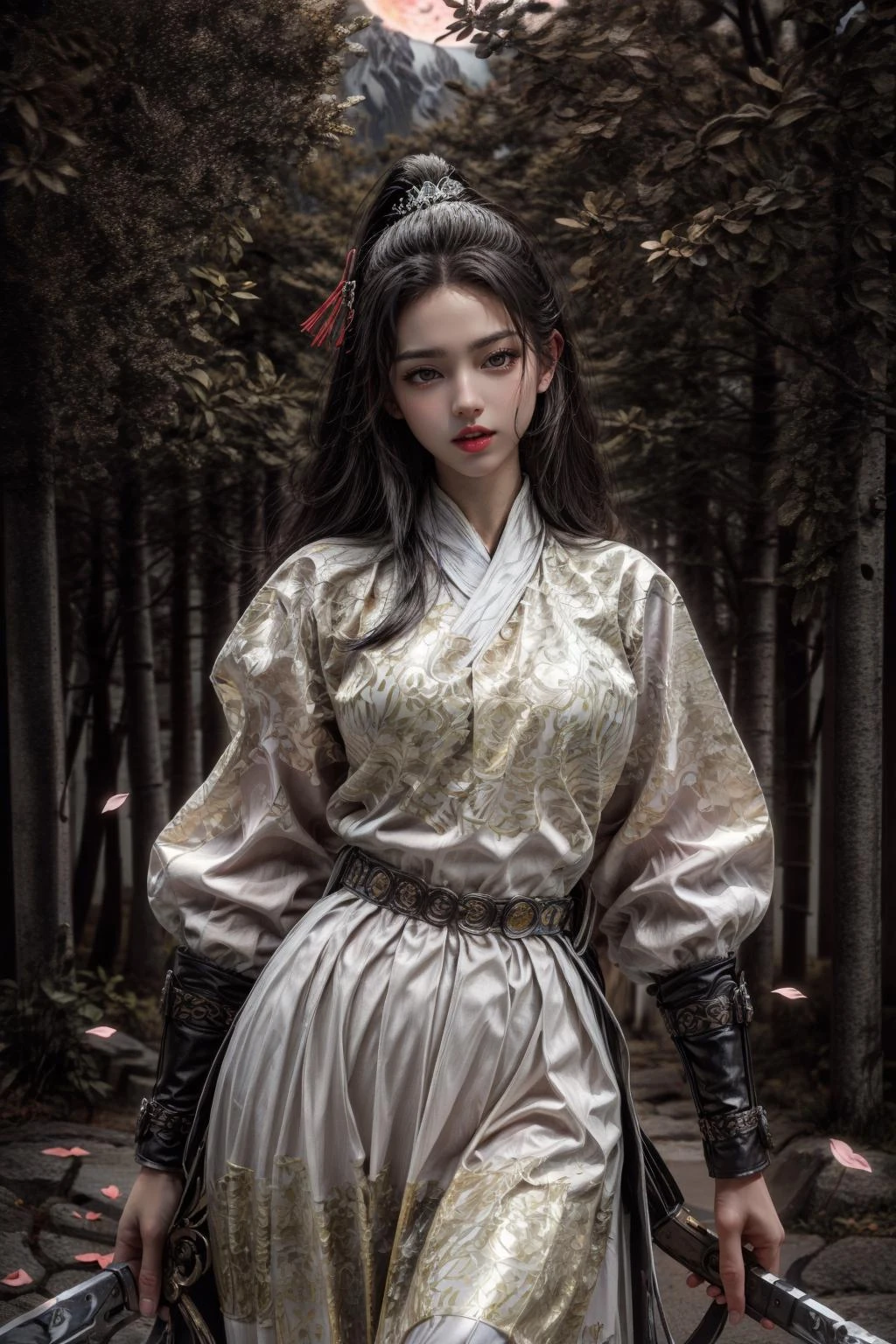 <(best quality, extremery best quality, masterpiece:1.4), (realistic, intricate details:1.4), (photorealistic:1.4), (extremely intricate:1.4), highres, ultra highres, ultra detailed, ultra-detailed, absurdres, incredibly absurdres, extremely detailed, high quality, high resolution, hyperrealistic, ultra-realistic, hyper-detailed, top quality, best, fine detail, massive detail, Highly detailed, extreme detailed, highest detailed, high-res, absolutely resolution, reflection, (refraction:1.4), (hyperrealism:1.4), ultra realistic details, highly intricate details, insane details>, BREAK, (1girl:1.3), solo, looking at viewer, (young cute beautiful 18-year-old girl:1.4), 3d face, (hand of Guido Daniele:1.4), beautiful girl, Beautiful face, pretty, girlface, kpop idol, supermodel, stunning innocent symmetry face, perfect body, medium breast, slim waist, slim legs, (high detailed skin:1.5), glowing eyes, goddess, natural skin texture, shiny skin, White skin, Beautiful detailed face, detailed face, real skin texture, cute delicate face, finely detailed face, golden ratio, golden ratio face, expressive eyes, perfect face, perfect skin, flawless face, clear face, shiny hair, pale skin, Proper body proportion, perfect anatomy, realistic skin texture, luscious lips, glossy lips, natural makeup, beautiful bright pupils, slender figure, intricate eyes, detailed pupils, detailed face and eyes, longeyelashes, blush, good hand, perfect hands, pretty face, beautiful female bodies, finely detailed skin, oily shiny skin, clean facial features, an extremely delicate and beautiful, cute & girly, beautiful detailed eyes, stars in the eyes, detailed simmetric eyes, perfect smooth skin texture, BREAK, (((((brilliant colors, (white robe, chinese clothes, (Bracers:1.2), white robe, chinese clothes, sexy, slim, in the style of energetic movement, low-angle, long hair, gray hair, white hair, purple eyes, sword, ((holding sword)), blue flames, glowing weapon, light particles, wallpaper, chromatic aberration:1.4), goddess women, aura, most beautiful artwork in the world, atmosphere:1.2), (dramatic, gritty, intense:1.4), (depth of field:1.7), (palace, plum blossoms, a girl in hanfu, mountain, river, old tree, pine trees, birds, moss, there is white cat sitting near girl:1.2), (ornaments detailed, traditional clothes, water, chinese clothes, sash, tree, petals, hair ornament, floating hair, rock, falling petals, flower, chinese traditional architecture, ancient art, chinese style, Chinese, lake background, chinese buildings, misty lake, ancient chinese background, after the rain, wet grass and trees, waterfall, flying splashes, flying petals, leaves, bloom, bloom effect, surrounded by heavy floating petal flow, petal, leaves falling from the tree, peaceful atmosphere, mountainous backdrop, authentic cultural experience, quiet whispers, hushed conversations, tranquil silence, crisp air, soulful melodies, a sense of belonging, bonding with nature, quiet reflection:1.3), (long_hair, mountain background, forest, river in background, landscape, water reflection:1.3), slow-motion action sequences, surreal details, charging forward, (light anger:1.4), ( absurdly long hair:1.5), ((The girl looked disgusted)), (long legs:1.3), A shot with tension, (Visual impact, giving the poster a dynamic and visually striking appearance:1.2), impactful picture, (joshua middleton comic cover art, hypermaximalist, instagram contest winner, fashion color scheme, trending on cgsociety, playful illustrations, imaginative overlays, artistic fusion, fantastical scenes, evocative narratives, striking visuals:1.3), (Glowing ambiance, enchanting radiance, luminous lighting, ethereal atmosphere, mesmerizing glow, evocative hues, captivating coloration, dramatic lighting, enchanting aura:1.2), (moon, melanchonic soft light, photorealistic faces, moody lighting:1.4), (night, Night time, moon light, Golden Hour, sky, landscape, stars, starry, galaxy sky, milky way, night sky full of stars:1.2), (braids, floating hair, rock, bloom, bloom effect, random patterns, energetic movement, bold colors, dynamic texture, spontaneous creativity:1.2), (blush, Pink lips, Pink lip colour, flat bangs:1.4), (long_hair, outdoors:1.3), (breeze, dust is drifting, ethereal, scenery, nature, mysterious background, fog, wind:1.2), (iridescent colors, Iridescence, mysterious, fantasy background, fantasy, open mouth:1.2), (Luminescent Particles:1.3), (fullbody:1.2), (eye focus, face focus, character focus, close-up face:1.2), (dutch angle, cowboy shot:1.3), colorful refraction)))), BREAK, <hyper realistic DSLR photo, Nikon D5, cinematic portrait, portrait, ultra sharp, analog film photography, film emulation, bokeh, blurry noise background, watercolor, available light, detailed light, volumetric fog, beautiful lighting, Rembrandt lighting, Cinematic, pixel art, game art, key visual, surreal, PBR Texturing, Anisotropic Filtering, Maximum Clarity And Sharpness, Albedo And Specular Maps, Multi-Layered Textures, Surface Shading, Sub-Pixel Convolution, Sub-Pixel Convolution, Accurate Simulation Of Light-Material Interaction, blurry foreground, broad light, volumetric light effect, matte painting, perfectly defined features, volumetric lighting, Tone Mapping, Lumen Reflections, Global illumination, Ray Tracing, Screen Space Global Illumination, Accent Lighting, 32k, Natural Lighting, volumetric, cinematic masterpiece, Rule of thirds, high dynamic range, Multi-exposure HDR capture, cinematic render, game cg cinematic, atmospheric perspective, movie scene, epic dynamic frame, motion blur, ((cinematic look, Film look)), rim light, 4k textures, adobe lightroom, photolab, hyperdetailed, exposure blend, professional color grading, professional color correction, aerial perspective, particles and dust in beams of light, cinematic scene, dynamic lighting, sharp details, lomography, soft focus, light leaks, bold hues, atmospheric depth, (explosive light and shadow:1.2), aesthetics, intricate designs, ultra realistic digital art, (zentangle, mandala, tangle, entangle), (fractal art), elegant, vivid colours, floating particles, particles, epic, (ink drawing, oil painting detailed), RAW, huge filesize, extremery detailed CG, Photo, 8k uhd, cinematic atmosphere, trending on artstation, award-winning glamour photograph, highly detailed photo, official art, beautiful and aesthetic, unity 8k wallpaper, beautiful, highly detailed CG illustration, best illustration, intricate, Amazing, emotional, analog, painting, digital painting, concept art, Oil Painting, illustration, Classical art, Renaissance, Romanticism, Neoclassicism, Color Palette, depth and contrast, Vibrant colors, saturated, rich saturation, color harmony, vivid palette, concept-art, design style, detail character, concept render, colorful, analog photography, dreamy atmosphere, specular highlights, atmospheric lighting, (dynamic angle, dynamic pose :1.3), (shiny, clothes reflecting light, lens flare, bloom effect, light particle, lens glare:1.3), realistic light, realistic lighting, cinematic light, (cinematic lighting), light in the face, soft lighting, saturated colors, detailed background, sharp focus, 8k high definition, perspective, Master Composition, roughness, post-processing, soft shadows, realistic shadows, ambient occlusion, ray-tracing, subsurface scattering, photon mapping, physically-based rendering, octane rendering, unreal engine 5, ue5 rendering, Adobe After FX, dslr, RTX, Best character details, radiosity, sharp, antialiased, RAW photo, HDR, 8k, 4k, (((Photographed by Roger Deakins, using a RED Monstro 8K VV camera and a series of high-end lenses))), ((Hasselblad photography)), (film grain:1.4), Kodak portra 400, ((Fujifilm X-T5)), professional photograph, caustics, Broad lighting, diffuse lighting, rim lighting, two tone lighting, textile details, visible pores, high resolution scan, professionally color graded, photographic reality, automatic white balance, best lighting, detailed shadow, high contrast, strong light and shadow>, (PureErosFace_V1:0.4), (ulzzang-6500:0.6), <lora:epiNoiseoffset_v3:2>, <lora:add_detail:0.6>, <lora:hipoly_3dcg_v7-epoch-000012:0.6>, (kbxll:0.6), <lora:more_details:0.6>, <lora:Chinese clothing, Feiyu outfit:1>