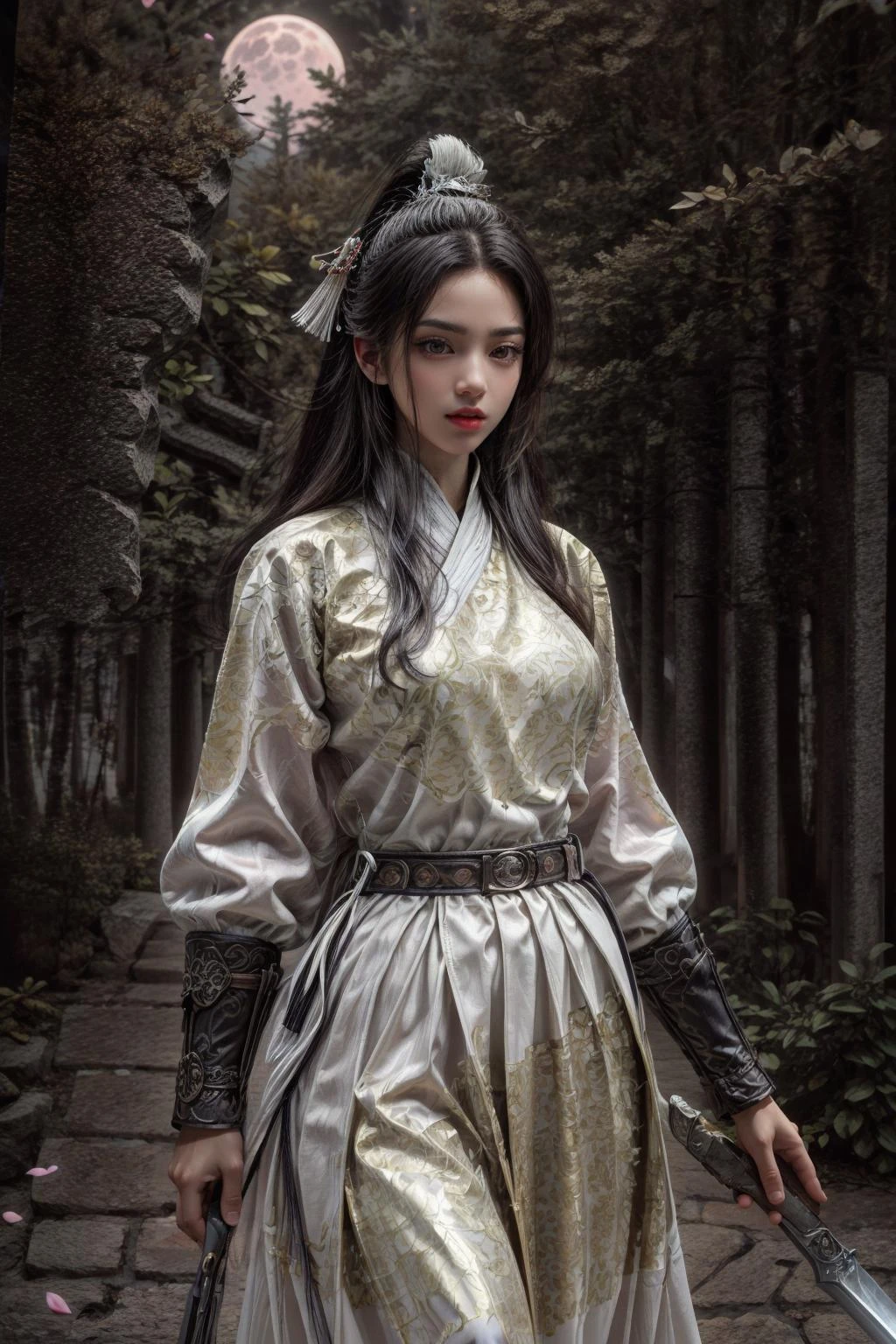 <(best quality, extremery best quality, masterpiece:1.4), (realistic, intricate details:1.4), (photorealistic:1.4), (extremely intricate:1.4), highres, ultra highres, ultra detailed, ultra-detailed, absurdres, incredibly absurdres, extremely detailed, high quality, high resolution, hyperrealistic, ultra-realistic, hyper-detailed, top quality, best, fine detail, massive detail, Highly detailed, extreme detailed, highest detailed, high-res, absolutely resolution, reflection, (refraction:1.4), (hyperrealism:1.4), ultra realistic details, highly intricate details, insane details>, BREAK, (1girl:1.3), solo, looking at viewer, (young cute beautiful 18-year-old girl:1.4), 3d face, (hand of Guido Daniele:1.4), beautiful girl, Beautiful face, pretty, girlface, kpop idol, supermodel, stunning innocent symmetry face, perfect body, medium breast, slim waist, slim legs, (high detailed skin:1.5), glowing eyes, goddess, natural skin texture, shiny skin, White skin, Beautiful detailed face, detailed face, real skin texture, cute delicate face, finely detailed face, golden ratio, golden ratio face, expressive eyes, perfect face, perfect skin, flawless face, clear face, shiny hair, pale skin, Proper body proportion, perfect anatomy, realistic skin texture, luscious lips, glossy lips, natural makeup, beautiful bright pupils, slender figure, intricate eyes, detailed pupils, detailed face and eyes, longeyelashes, blush, good hand, perfect hands, pretty face, beautiful female bodies, finely detailed skin, oily shiny skin, clean facial features, an extremely delicate and beautiful, cute & girly, beautiful detailed eyes, stars in the eyes, detailed simmetric eyes, perfect smooth skin texture, BREAK, (((((brilliant colors, (white robe, chinese clothes, (Bracers:1.2), white robe, chinese clothes, sexy, slim, in the style of energetic movement, low-angle, long hair, gray hair, white hair, purple eyes, sword, ((holding sword)), blue flames, glowing weapon, light particles, wallpaper, chromatic aberration:1.4), goddess women, aura, most beautiful artwork in the world, atmosphere:1.2), (dramatic, gritty, intense:1.4), (depth of field:1.7), (palace, plum blossoms, a girl in hanfu, mountain, river, old tree, pine trees, birds, moss, there is white cat sitting near girl:1.2), (ornaments detailed, traditional clothes, water, chinese clothes, sash, tree, petals, hair ornament, floating hair, rock, falling petals, flower, chinese traditional architecture, ancient art, chinese style, Chinese, lake background, chinese buildings, misty lake, ancient chinese background, after the rain, wet grass and trees, waterfall, flying splashes, flying petals, leaves, bloom, bloom effect, surrounded by heavy floating petal flow, petal, leaves falling from the tree, peaceful atmosphere, mountainous backdrop, authentic cultural experience, quiet whispers, hushed conversations, tranquil silence, crisp air, soulful melodies, a sense of belonging, bonding with nature, quiet reflection:1.3), (long_hair, mountain background, forest, river in background, landscape, water reflection:1.3), slow-motion action sequences, surreal details, charging forward, (light anger:1.4), ( absurdly long hair:1.5), ((The girl looked disgusted)), (long legs:1.3), A shot with tension, (Visual impact, giving the poster a dynamic and visually striking appearance:1.2), impactful picture, (joshua middleton comic cover art, hypermaximalist, instagram contest winner, fashion color scheme, trending on cgsociety, playful illustrations, imaginative overlays, artistic fusion, fantastical scenes, evocative narratives, striking visuals:1.3), (Glowing ambiance, enchanting radiance, luminous lighting, ethereal atmosphere, mesmerizing glow, evocative hues, captivating coloration, dramatic lighting, enchanting aura:1.2), (moon, melanchonic soft light, photorealistic faces, moody lighting:1.4), (night, Night time, moon light, Golden Hour, sky, landscape, stars, starry, galaxy sky, milky way, night sky full of stars:1.2), (braids, floating hair, rock, bloom, bloom effect, random patterns, energetic movement, bold colors, dynamic texture, spontaneous creativity:1.2), (blush, Pink lips, Pink lip colour, flat bangs:1.4), (long_hair, outdoors:1.3), (breeze, dust is drifting, ethereal, scenery, nature, mysterious background, fog, wind:1.2), (iridescent colors, Iridescence, mysterious, fantasy background, fantasy, open mouth:1.2), (Luminescent Particles:1.3), (fullbody:1.2), (eye focus, face focus, character focus, close-up face:1.2), (dutch angle, cowboy shot:1.3), colorful refraction)))), BREAK, <hyper realistic DSLR photo, Nikon D5, cinematic portrait, portrait, ultra sharp, analog film photography, film emulation, bokeh, blurry noise background, watercolor, available light, detailed light, volumetric fog, beautiful lighting, Rembrandt lighting, Cinematic, pixel art, game art, key visual, surreal, PBR Texturing, Anisotropic Filtering, Maximum Clarity And Sharpness, Albedo And Specular Maps, Multi-Layered Textures, Surface Shading, Sub-Pixel Convolution, Sub-Pixel Convolution, Accurate Simulation Of Light-Material Interaction, blurry foreground, broad light, volumetric light effect, matte painting, perfectly defined features, volumetric lighting, Tone Mapping, Lumen Reflections, Global illumination, Ray Tracing, Screen Space Global Illumination, Accent Lighting, 32k, Natural Lighting, volumetric, cinematic masterpiece, Rule of thirds, high dynamic range, Multi-exposure HDR capture, cinematic render, game cg cinematic, atmospheric perspective, movie scene, epic dynamic frame, motion blur, ((cinematic look, Film look)), rim light, 4k textures, adobe lightroom, photolab, hyperdetailed, exposure blend, professional color grading, professional color correction, aerial perspective, particles and dust in beams of light, cinematic scene, dynamic lighting, sharp details, lomography, soft focus, light leaks, bold hues, atmospheric depth, (explosive light and shadow:1.2), aesthetics, intricate designs, ultra realistic digital art, (zentangle, mandala, tangle, entangle), (fractal art), elegant, vivid colours, floating particles, particles, epic, (ink drawing, oil painting detailed), RAW, huge filesize, extremery detailed CG, Photo, 8k uhd, cinematic atmosphere, trending on artstation, award-winning glamour photograph, highly detailed photo, official art, beautiful and aesthetic, unity 8k wallpaper, beautiful, highly detailed CG illustration, best illustration, intricate, Amazing, emotional, analog, painting, digital painting, concept art, Oil Painting, illustration, Classical art, Renaissance, Romanticism, Neoclassicism, Color Palette, depth and contrast, Vibrant colors, saturated, rich saturation, color harmony, vivid palette, concept-art, design style, detail character, concept render, colorful, analog photography, dreamy atmosphere, specular highlights, atmospheric lighting, (dynamic angle, dynamic pose :1.3), (shiny, clothes reflecting light, lens flare, bloom effect, light particle, lens glare:1.3), realistic light, realistic lighting, cinematic light, (cinematic lighting), light in the face, soft lighting, saturated colors, detailed background, sharp focus, 8k high definition, perspective, Master Composition, roughness, post-processing, soft shadows, realistic shadows, ambient occlusion, ray-tracing, subsurface scattering, photon mapping, physically-based rendering, octane rendering, unreal engine 5, ue5 rendering, Adobe After FX, dslr, RTX, Best character details, radiosity, sharp, antialiased, RAW photo, HDR, 8k, 4k, (((Photographed by Roger Deakins, using a RED Monstro 8K VV camera and a series of high-end lenses))), ((Hasselblad photography)), (film grain:1.4), Kodak portra 400, ((Fujifilm X-T5)), professional photograph, caustics, Broad lighting, diffuse lighting, rim lighting, two tone lighting, textile details, visible pores, high resolution scan, professionally color graded, photographic reality, automatic white balance, best lighting, detailed shadow, high contrast, strong light and shadow>, (PureErosFace_V1:0.4), (ulzzang-6500:0.6), <lora:epiNoiseoffset_v3:2>, <lora:add_detail:0.6>, <lora:hipoly_3dcg_v7-epoch-000012:0.6>, (kbxll:0.6), <lora:more_details:0.6>, <lora:Chinese clothing, Feiyu outfit:1>
