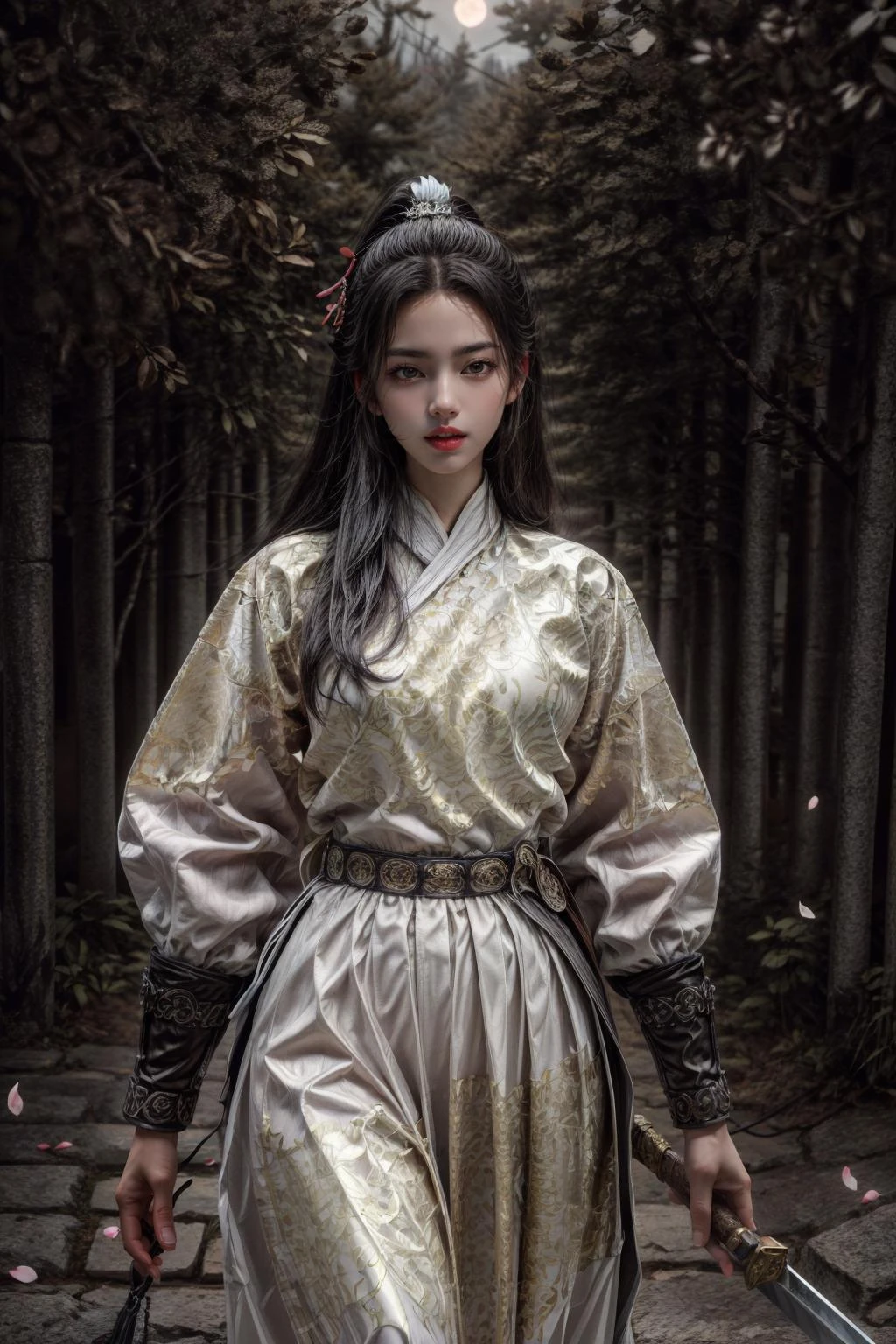 <(best quality, extremery best quality, masterpiece:1.4), (realistic, intricate details:1.4), (photorealistic:1.4), (extremely intricate:1.4), highres, ultra highres, ultra detailed, ultra-detailed, absurdres, incredibly absurdres, extremely detailed, high quality, high resolution, hyperrealistic, ultra-realistic, hyper-detailed, top quality, best, fine detail, massive detail, Highly detailed, extreme detailed, highest detailed, high-res, absolutely resolution, reflection, (refraction:1.4), (hyperrealism:1.4), ultra realistic details, highly intricate details, insane details>, BREAK, (1girl:1.3), solo, looking at viewer, (young cute beautiful 18-year-old girl:1.4), 3d face, (hand of Guido Daniele:1.4), beautiful girl, Beautiful face, pretty, girlface, kpop idol, supermodel, stunning innocent symmetry face, perfect body, medium breast, slim waist, slim legs, (high detailed skin:1.5), glowing eyes, goddess, natural skin texture, shiny skin, White skin, Beautiful detailed face, detailed face, real skin texture, cute delicate face, finely detailed face, golden ratio, golden ratio face, expressive eyes, perfect face, perfect skin, flawless face, clear face, shiny hair, pale skin, Proper body proportion, perfect anatomy, realistic skin texture, luscious lips, glossy lips, natural makeup, beautiful bright pupils, slender figure, intricate eyes, detailed pupils, detailed face and eyes, longeyelashes, blush, good hand, perfect hands, pretty face, beautiful female bodies, finely detailed skin, oily shiny skin, clean facial features, an extremely delicate and beautiful, cute & girly, beautiful detailed eyes, stars in the eyes, detailed simmetric eyes, perfect smooth skin texture, BREAK, (((((brilliant colors, (white robe, chinese clothes, (Bracers:1.2), white robe, chinese clothes, sexy, slim, in the style of energetic movement, low-angle, long hair, gray hair, white hair, purple eyes, sword, ((holding sword)), blue flames, glowing weapon, light particles, wallpaper, chromatic aberration:1.4), goddess women, aura, most beautiful artwork in the world, atmosphere:1.2), (dramatic, gritty, intense:1.4), (depth of field:1.7), (palace, plum blossoms, a girl in hanfu, mountain, river, old tree, pine trees, birds, moss, there is white cat sitting near girl:1.2), (ornaments detailed, traditional clothes, water, chinese clothes, sash, tree, petals, hair ornament, floating hair, rock, falling petals, flower, chinese traditional architecture, ancient art, chinese style, Chinese, lake background, chinese buildings, misty lake, ancient chinese background, after the rain, wet grass and trees, waterfall, flying splashes, flying petals, leaves, bloom, bloom effect, surrounded by heavy floating petal flow, petal, leaves falling from the tree, peaceful atmosphere, mountainous backdrop, authentic cultural experience, quiet whispers, hushed conversations, tranquil silence, crisp air, soulful melodies, a sense of belonging, bonding with nature, quiet reflection:1.3), (long_hair, mountain background, forest, river in background, landscape, water reflection:1.3), slow-motion action sequences, surreal details, charging forward, (light anger:1.4), ( absurdly long hair:1.5), ((The girl looked disgusted)), (long legs:1.3), A shot with tension, (Visual impact, giving the poster a dynamic and visually striking appearance:1.2), impactful picture, (joshua middleton comic cover art, hypermaximalist, instagram contest winner, fashion color scheme, trending on cgsociety, playful illustrations, imaginative overlays, artistic fusion, fantastical scenes, evocative narratives, striking visuals:1.3), (Glowing ambiance, enchanting radiance, luminous lighting, ethereal atmosphere, mesmerizing glow, evocative hues, captivating coloration, dramatic lighting, enchanting aura:1.2), (moon, melanchonic soft light, photorealistic faces, moody lighting:1.4), (night, Night time, moon light, Golden Hour, sky, landscape, stars, starry, galaxy sky, milky way, night sky full of stars:1.2), (braids, floating hair, rock, bloom, bloom effect, random patterns, energetic movement, bold colors, dynamic texture, spontaneous creativity:1.2), (blush, Pink lips, Pink lip colour, flat bangs:1.4), (long_hair, outdoors:1.3), (breeze, dust is drifting, ethereal, scenery, nature, mysterious background, fog, wind:1.2), (iridescent colors, Iridescence, mysterious, fantasy background, fantasy, open mouth:1.2), (Luminescent Particles:1.3), (fullbody:1.2), (eye focus, face focus, character focus, close-up face:1.2), (dutch angle, cowboy shot:1.3), colorful refraction)))), BREAK, <hyper realistic DSLR photo, Nikon D5, cinematic portrait, portrait, ultra sharp, analog film photography, film emulation, bokeh, blurry noise background, watercolor, available light, detailed light, volumetric fog, beautiful lighting, Rembrandt lighting, Cinematic, pixel art, game art, key visual, surreal, PBR Texturing, Anisotropic Filtering, Maximum Clarity And Sharpness, Albedo And Specular Maps, Multi-Layered Textures, Surface Shading, Sub-Pixel Convolution, Sub-Pixel Convolution, Accurate Simulation Of Light-Material Interaction, blurry foreground, broad light, volumetric light effect, matte painting, perfectly defined features, volumetric lighting, Tone Mapping, Lumen Reflections, Global illumination, Ray Tracing, Screen Space Global Illumination, Accent Lighting, 32k, Natural Lighting, volumetric, cinematic masterpiece, Rule of thirds, high dynamic range, Multi-exposure HDR capture, cinematic render, game cg cinematic, atmospheric perspective, movie scene, epic dynamic frame, motion blur, ((cinematic look, Film look)), rim light, 4k textures, adobe lightroom, photolab, hyperdetailed, exposure blend, professional color grading, professional color correction, aerial perspective, particles and dust in beams of light, cinematic scene, dynamic lighting, sharp details, lomography, soft focus, light leaks, bold hues, atmospheric depth, (explosive light and shadow:1.2), aesthetics, intricate designs, ultra realistic digital art, (zentangle, mandala, tangle, entangle), (fractal art), elegant, vivid colours, floating particles, particles, epic, (ink drawing, oil painting detailed), RAW, huge filesize, extremery detailed CG, Photo, 8k uhd, cinematic atmosphere, trending on artstation, award-winning glamour photograph, highly detailed photo, official art, beautiful and aesthetic, unity 8k wallpaper, beautiful, highly detailed CG illustration, best illustration, intricate, Amazing, emotional, analog, painting, digital painting, concept art, Oil Painting, illustration, Classical art, Renaissance, Romanticism, Neoclassicism, Color Palette, depth and contrast, Vibrant colors, saturated, rich saturation, color harmony, vivid palette, concept-art, design style, detail character, concept render, colorful, analog photography, dreamy atmosphere, specular highlights, atmospheric lighting, (dynamic angle, dynamic pose :1.3), (shiny, clothes reflecting light, lens flare, bloom effect, light particle, lens glare:1.3), realistic light, realistic lighting, cinematic light, (cinematic lighting), light in the face, soft lighting, saturated colors, detailed background, sharp focus, 8k high definition, perspective, Master Composition, roughness, post-processing, soft shadows, realistic shadows, ambient occlusion, ray-tracing, subsurface scattering, photon mapping, physically-based rendering, octane rendering, unreal engine 5, ue5 rendering, Adobe After FX, dslr, RTX, Best character details, radiosity, sharp, antialiased, RAW photo, HDR, 8k, 4k, (((Photographed by Roger Deakins, using a RED Monstro 8K VV camera and a series of high-end lenses))), ((Hasselblad photography)), (film grain:1.4), Kodak portra 400, ((Fujifilm X-T5)), professional photograph, caustics, Broad lighting, diffuse lighting, rim lighting, two tone lighting, textile details, visible pores, high resolution scan, professionally color graded, photographic reality, automatic white balance, best lighting, detailed shadow, high contrast, strong light and shadow>, (PureErosFace_V1:0.4), (ulzzang-6500:0.6), <lora:epiNoiseoffset_v3:2>, <lora:add_detail:0.6>, <lora:hipoly_3dcg_v7-epoch-000012:0.6>, (kbxll:0.6), <lora:more_details:0.6>, <lora:Chinese clothing, Feiyu outfit:1>
