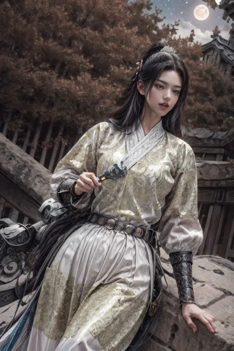 <(best quality, extremery best quality, masterpiece:1.4), (realistic, intricate details:1.4), (photorealistic:1.4), (extremely intricate:1.4), highres, ultra highres, ultra detailed, ultra-detailed, absurdres, incredibly absurdres, extremely detailed, high quality, high resolution, hyperrealistic, ultra-realistic, hyper-detailed, top quality, best, fine detail, massive detail, Highly detailed, extreme detailed, highest detailed, high-res, absolutely resolution, reflection, (refraction:1.4), (hyperrealism:1.4), ultra realistic details, highly intricate details, insane details>, BREAK, (1girl:1.3), solo, looking at viewer, (young cute beautiful 18-year-old girl:1.4), 3d face, (hand of Guido Daniele:1.4), beautiful girl, Beautiful face, pretty, girlface, kpop idol,  supermodel, stunning innocent symmetry face, perfect body, medium breast, slim waist, slim legs, (high detailed skin:1.5), glowing eyes, goddess, natural skin texture, shiny skin, White skin, Beautiful detailed face, detailed face, real skin texture, cute delicate face, finely detailed face, golden ratio, golden ratio face, expressive eyes, perfect face, perfect skin, flawless face, clear face, shiny hair, pale skin, Proper body proportion, perfect anatomy, realistic skin texture, luscious lips, glossy lips, natural makeup, beautiful bright pupils, slender figure, intricate eyes, detailed pupils, detailed face and eyes, longeyelashes, blush, good hand, perfect hands, pretty face, beautiful female bodies, finely detailed skin, oily shiny skin, clean facial features, an extremely delicate and beautiful, cute & girly, beautiful detailed eyes, stars in the eyes, detailed simmetric eyes, perfect smooth skin texture, BREAK, (((((brilliant colors, (white robe, chinese clothes, (Bracers:1.2), white robe, chinese clothes, sexy, slim, in the style of energetic movement, low-angle, long hair, gray hair, white hair, purple eyes, sword, ((holding sword)), blue flames, glowing weapon, light particles, wallpaper, chromatic aberration:1.4), goddess women, aura, most beautiful artwork in the world, atmosphere:1.2), (dramatic, gritty, intense:1.4), (depth of field:1.7), (palace, plum blossoms, a girl in hanfu, mountain, river, old tree, pine trees, birds, moss, there is white cat sitting near girl:1.2), (ornaments detailed, traditional clothes, water, chinese clothes, sash, tree, petals, hair ornament, floating hair, rock, falling petals, flower, chinese traditional architecture, ancient art, chinese style, Chinese, lake background, chinese buildings, misty lake, ancient chinese background, after the rain, wet grass and trees, waterfall, flying splashes, flying petals, leaves, bloom, bloom effect, surrounded by heavy floating petal flow, petal, leaves falling from the tree, peaceful atmosphere, mountainous backdrop, authentic cultural experience, quiet whispers, hushed conversations, tranquil silence, crisp air, soulful melodies, a sense of belonging, bonding with nature, quiet reflection:1.3), (long_hair, mountain background, forest,  river in background, landscape, water reflection:1.3), slow-motion action sequences, surreal details, charging forward, (light anger:1.4), ( absurdly long hair:1.5), ((The girl looked disgusted)), (long legs:1.3), A shot with tension, (Visual impact, giving the poster a dynamic and visually striking appearance:1.2), impactful picture, (joshua middleton comic cover art, hypermaximalist, instagram contest winner, fashion color scheme,  trending on cgsociety, playful illustrations, imaginative overlays, artistic fusion, fantastical scenes, evocative narratives, striking visuals:1.3), (Glowing ambiance, enchanting radiance, luminous lighting, ethereal atmosphere, mesmerizing glow, evocative hues, captivating coloration, dramatic lighting, enchanting aura:1.2), (moon, melanchonic soft light, photorealistic faces, moody lighting:1.4), (night, Night time,  moon light,  Golden Hour, sky, landscape, stars, starry, galaxy sky, milky way, night sky full of stars:1.2), (braids, floating hair, rock, bloom, bloom effect, random patterns, energetic movement, bold colors, dynamic texture, spontaneous creativity:1.2), (blush, Pink lips, Pink lip colour, flat bangs:1.4), (long_hair, outdoors:1.3), (breeze, dust is drifting, ethereal, scenery, nature, mysterious background, fog, wind:1.2),  (iridescent colors, Iridescence, mysterious, fantasy background, fantasy, open mouth:1.2), (Luminescent Particles:1.3), (fullbody:1.2), (eye focus,  face focus, character focus, close-up face:1.2), (dutch angle,  cowboy shot:1.3), colorful refraction)))), BREAK, <hyper realistic DSLR photo, Nikon D5, cinematic portrait, portrait, ultra sharp, analog film photography, film emulation, bokeh, blurry noise background, watercolor, available light, detailed light,  volumetric fog,  beautiful lighting,  Rembrandt lighting,  Cinematic, pixel art,  game art,  key visual,  surreal,   PBR Texturing,   Anisotropic Filtering, Maximum Clarity And Sharpness, Albedo And Specular Maps, Multi-Layered Textures, Surface Shading, Sub-Pixel Convolution,  Sub-Pixel Convolution,  Accurate Simulation Of Light-Material Interaction, blurry foreground, broad light, volumetric light effect, matte painting, perfectly defined features, volumetric lighting, Tone Mapping, Lumen Reflections, Global illumination, Ray Tracing, Screen Space Global Illumination, Accent Lighting, 32k, Natural Lighting, volumetric, cinematic masterpiece, Rule of thirds, high dynamic range, Multi-exposure HDR capture, cinematic render, game cg cinematic, atmospheric perspective, movie scene, epic dynamic frame, motion blur, ((cinematic look, Film look)), rim light, 4k textures, adobe lightroom, photolab, hyperdetailed, exposure blend, professional color grading, professional color correction, aerial perspective, particles and dust in beams of light, cinematic scene, dynamic lighting, sharp details, lomography, soft focus, light leaks, bold hues, atmospheric depth, (explosive light and shadow:1.2), aesthetics, intricate designs, ultra realistic digital art, (zentangle, mandala, tangle, entangle), (fractal art), elegant, vivid colours, floating particles, particles, epic, (ink drawing, oil painting detailed), RAW, huge filesize, extremery detailed CG, Photo, 8k uhd, cinematic atmosphere, trending on artstation, award-winning glamour photograph, highly detailed photo, official art, beautiful and aesthetic, unity 8k wallpaper, beautiful, highly detailed CG illustration, best illustration, intricate, Amazing, emotional, analog, painting, digital painting, concept art, Oil Painting, illustration, Classical art, Renaissance, Romanticism, Neoclassicism, Color Palette, depth and contrast, Vibrant colors, saturated, rich saturation, color harmony, vivid palette, concept-art, design style, detail character, concept render, colorful, analog photography, dreamy atmosphere, specular highlights, atmospheric lighting, (dynamic angle, dynamic pose :1.3), (shiny, clothes reflecting light, lens flare, bloom effect, light particle, lens glare:1.3), realistic light, realistic lighting, cinematic light, (cinematic lighting), light in the face, soft lighting, saturated colors, detailed background, sharp focus, 8k high definition, perspective, Master Composition, roughness, post-processing, soft shadows, realistic shadows, ambient occlusion, ray-tracing, subsurface scattering, photon mapping, physically-based rendering, octane rendering, unreal engine 5, ue5 rendering, Adobe After FX, dslr, RTX, Best character details, radiosity, sharp, antialiased, RAW photo, HDR, 8k, 4k, (((Photographed by Roger Deakins, using a RED Monstro 8K VV camera and a series of high-end lenses))), ((Hasselblad photography)), (film grain:1.4), Kodak portra 400, ((Fujifilm X-T5)), professional photograph, caustics, Broad lighting, diffuse lighting, rim lighting, two tone lighting, textile details, visible pores, high resolution scan, professionally color graded, photographic reality, automatic white balance, best lighting, detailed shadow, high contrast, strong light and shadow>, (PureErosFace_V1:0.4), (ulzzang-6500:0.6), <lora:epiNoiseoffset_v3:2>, <lora:add_detail:0.6>, <lora:hipoly_3dcg_v7-epoch-000012:0.6>, (kbxll:0.6), <lora:more_details:0.6>,  <lora:Chinese clothing, Feiyu outfit:1>