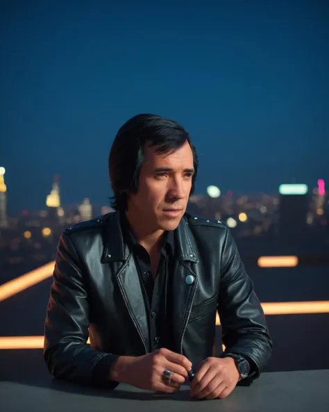 (intrincated details:1.2), (photorealistic), (masterpiece), (photography),  cinematic lighting, 
1boy, black hair,, collared shirt, elfary, formal, punk jacket, looking at viewer, male focus, old, realistic, singer, solo, suit, microphone, cyberpunk style, neon lights, sitting on skyline hood
, <lora:El_Fary_Spanish_Singer_XL:1>