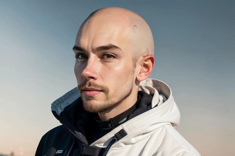 a painting of a 1boy wearing techwear, (bald head), in a street, white background, cinematic lighting, digital art , disney, intricate details, artstation, vibrant colors, (perfect face), man, flat color, sticker art, (upper body), robotic limbs, <lora:criskevin:0.5>