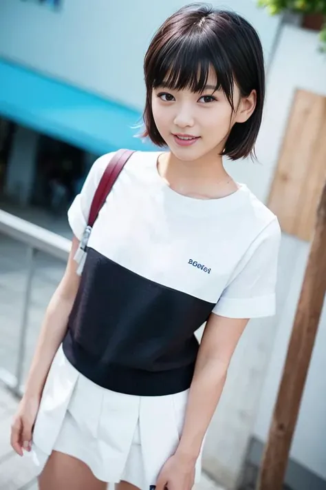 masterpiece, best quality, illustration, Super detailed, fine details, High resolution, 8K,wall paper, perfect dynamic composition,(Details High quality, realistic depiction of eyes:1.3), oversized sport shirt, shorts women, small backpack, short bob hair, black hair color, Big Natural Color Lip, sexy pose, crying a little、cold gaze, Harajuku style、20 year old girl、cute type、lolita, hposing Gravure Idol, full body photo、focus on crotch, huge breasts