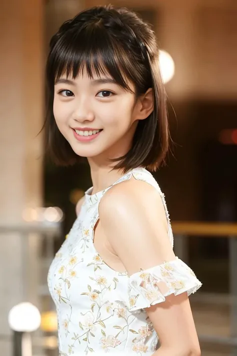(skin blemish:1.2), (skindentation), black eye, 1woman, 25yo, (((woman))), solo, realistic, best quality, photorealistic, masterpiece, 8k, high res, solo, extremely detailed face, (professional lighting, bokeh), (light particles, lens flare, glowing particles:0.6), (dynamic pose:1.2), soft lighting, top angle view, fashionable and trendy atmosphere, street, japan, kyoto, city, sakura, sakura blossom, ((nighttime)), standing, ((looking at the viewer:1)), (looking at the camera),(portrait:0.6), cowboy shot, walking, gorgeous, keep original facial proportion, wide shoulder, (small breast), (medium hair), brown hair, floating hair, lips, lipstick, seductive smile, floating hair, (smile), (open_mouth), teeth, white blouse, one piece dress, mole, (mole under eye:1), <lora:AngelaY:0.8>