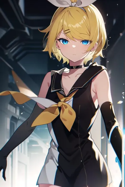 kagaminerin, <lora:rinkagaminemeltdown-lora-nochekaiser:1>,
rin kagamine, short hair, blue eyes, blonde hair,
BREAK bangs, hair ornament, thighhighs, gloves, dress, bow, bare shoulders, hair bow, sleeveless, choker, black gloves, hairclip, elbow gloves, black thighhighs, sailor collar, black dress, zettai ryouiki, neckerchief, sleeveless dress, swept bangs, black choker, short dress, white bow, sailor dress, yellow neckerchief, (meltdown costume:1.5),
BREAK looking at viewer,
BREAK outdoors,
BREAK <lora:GoodHands-vanilla:1>, (masterpiece:1.2), best quality, high resolution, unity 8k wallpaper, (illustration:0.8), (beautiful detailed eyes:1.6), extremely detailed face, perfect lighting, extremely detailed CG, (perfect hands, perfect anatomy),