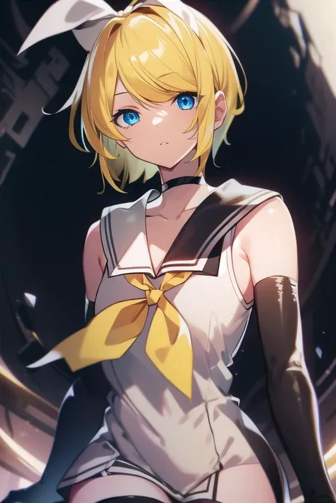 kagaminerin, <lora:rinkagaminemeltdown-lora-nochekaiser:1>,
rin kagamine, short hair, blue eyes, blonde hair,
BREAK bangs, hair ornament, thighhighs, gloves, dress, bow, bare shoulders, hair bow, sleeveless, choker, black gloves, hairclip, elbow gloves, black thighhighs, sailor collar, black dress, zettai ryouiki, neckerchief, sleeveless dress, swept bangs, black choker, short dress, white bow, sailor dress, yellow neckerchief, (meltdown costume:1.5),
BREAK looking at viewer,
BREAK outdoors,
BREAK <lora:GoodHands-vanilla:1>, (masterpiece:1.2), best quality, high resolution, unity 8k wallpaper, (illustration:0.8), (beautiful detailed eyes:1.6), extremely detailed face, perfect lighting, extremely detailed CG, (perfect hands, perfect anatomy),