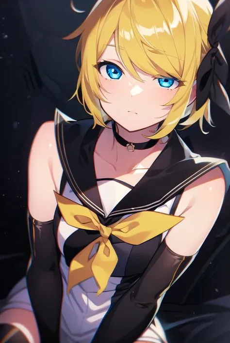 kagaminerin, <lora:rinkagaminemeltdown-lora-nochekaiser:1>,
rin kagamine, short hair, blue eyes, blonde hair,
BREAK bangs, hair ornament, thighhighs, gloves, dress, bow, bare shoulders, hair bow, sleeveless, choker, black gloves, hairclip, elbow gloves, black thighhighs, sailor collar, black dress, zettai ryouiki, neckerchief, sleeveless dress, swept bangs, black choker, short dress, white bow, sailor dress, yellow neckerchief, (meltdown costume:1.5),
BREAK looking at viewer,
BREAK outdoors,
BREAK <lora:GoodHands-vanilla:1>, (masterpiece:1.2), best quality, high resolution, unity 8k wallpaper, (illustration:0.8), (beautiful detailed eyes:1.6), extremely detailed face, perfect lighting, extremely detailed CG, (perfect hands, perfect anatomy),