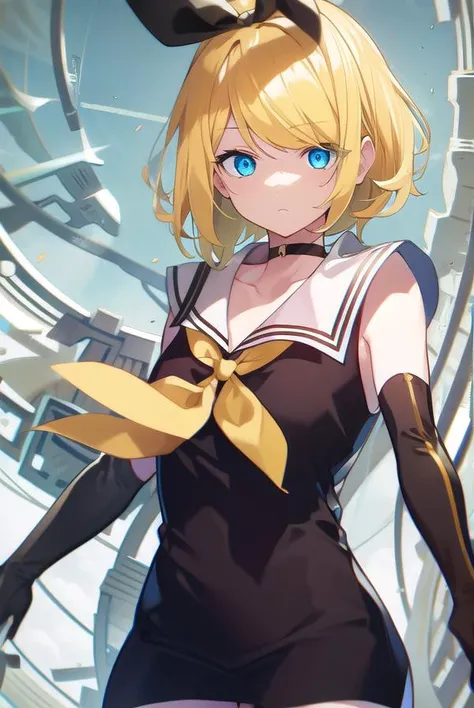 kagaminerin, <lora:rinkagaminemeltdown-lora-nochekaiser:1>,
rin kagamine, short hair, blue eyes, blonde hair,
BREAK bangs, hair ornament, thighhighs, gloves, dress, bow, bare shoulders, hair bow, sleeveless, choker, black gloves, hairclip, elbow gloves, black thighhighs, sailor collar, black dress, zettai ryouiki, neckerchief, sleeveless dress, swept bangs, black choker, short dress, white bow, sailor dress, yellow neckerchief, (meltdown costume:1.5),
BREAK looking at viewer,
BREAK outdoors,
BREAK <lora:GoodHands-vanilla:1>, (masterpiece:1.2), best quality, high resolution, unity 8k wallpaper, (illustration:0.8), (beautiful detailed eyes:1.6), extremely detailed face, perfect lighting, extremely detailed CG, (perfect hands, perfect anatomy),