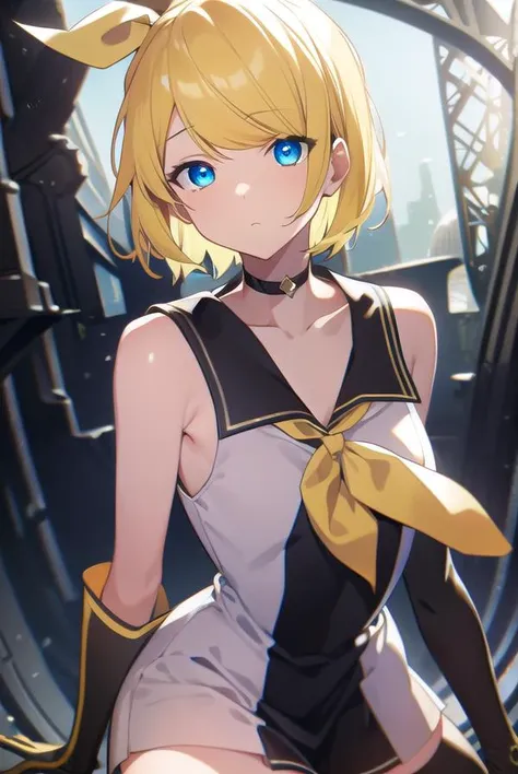 kagaminerina, rin kagamine, cabello corto, blue eyes, pelo rubio,
ROMPER dress, arco, mangas cortas, volantes, mangas separadas, mangas con volantes, mangas negras, adorno para el pelo, cinta, dos colas, hair arco, hair cinta, Pinza para el cabello, flequillo barrido, (fusion suit:1.5),
ROMPER looking at viewer,
ROMPER outdoors,
ROMPER (Obra maestra:1.2), mejor calidad, high resolution, fondo de pantalla de unidad 8k, (illustration:0.8), (hermosos ojos detallados:1.6), cara extremadamente detallada, Perfect lighting, CG extremadamente detallado, (manos perfectas, perfect anatomy),