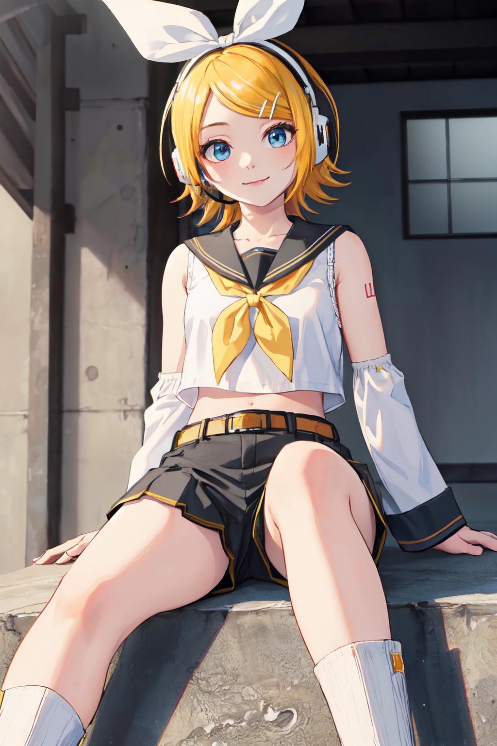Anime girl sitting on a ledge with ears and a white shirt - SeaArt AI