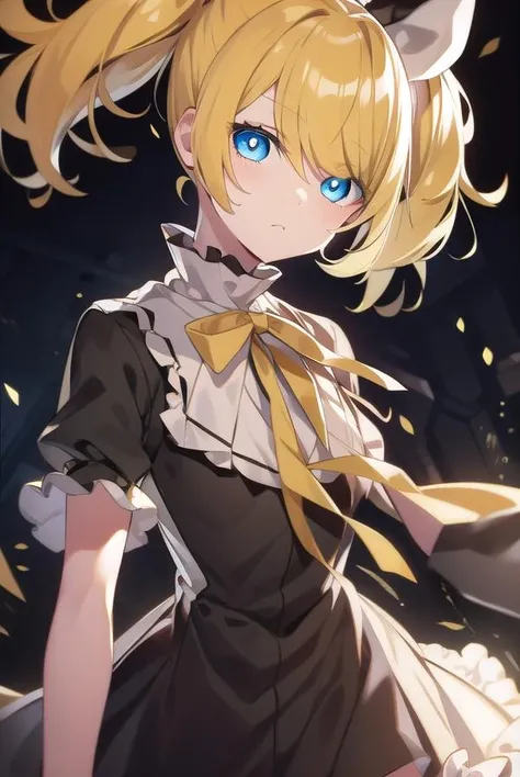kagaminerin, <lora:rinkagaminemeltdown-lora-nochekaiser:1>,
rin kagamine, short hair, blue eyes, blonde hair,
BREAK dress, bow, short sleeves, frills, detached sleeves, frilled sleeves, black sleeves, hair ornament, ribbon, twintails, hair bow, hair ribbon, hairclip, swept bangs, (meltdown costume:1.5),
BREAK looking at viewer,
BREAK outdoors,
BREAK <lora:GoodHands-vanilla:1>, (masterpiece:1.2), best quality, high resolution, unity 8k wallpaper, (illustration:0.8), (beautiful detailed eyes:1.6), extremely detailed face, perfect lighting, extremely detailed CG, (perfect hands, perfect anatomy),