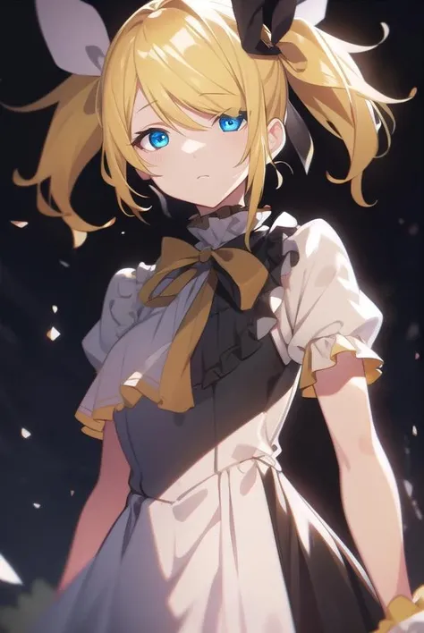 kagaminerin, <lora:rinkagaminemeltdown-lora-nochekaiser:1>,
rin kagamine, short hair, blue eyes, blonde hair,
BREAK dress, bow, short sleeves, frills, detached sleeves, frilled sleeves, black sleeves, hair ornament, ribbon, twintails, hair bow, hair ribbon, hairclip, swept bangs, (meltdown costume:1.5),
BREAK looking at viewer,
BREAK outdoors,
BREAK <lora:GoodHands-vanilla:1>, (masterpiece:1.2), best quality, high resolution, unity 8k wallpaper, (illustration:0.8), (beautiful detailed eyes:1.6), extremely detailed face, perfect lighting, extremely detailed CG, (perfect hands, perfect anatomy),