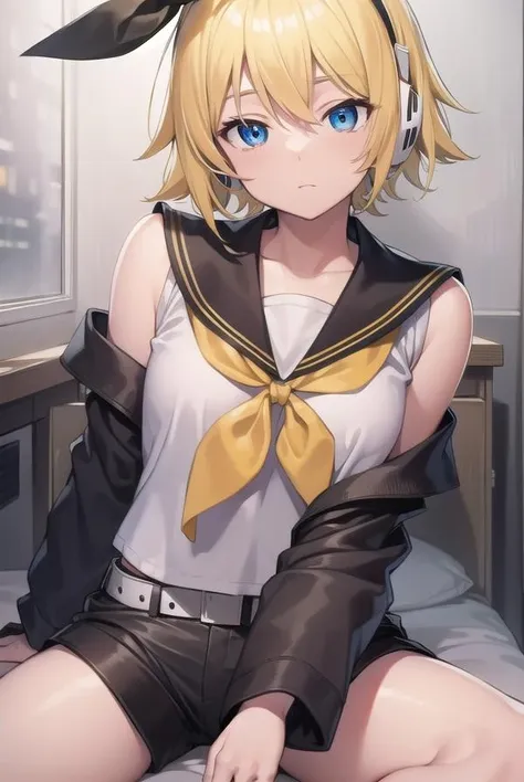 (Masterpiece), (Best Quality), (Illustration), (Super Detail), (High Resolution), One Girl, Kagamine Rin, No Bra, No Panty, Cleavage, (Small), Very Cute Girl, Blushing, Cute ****, Short Hair, Junior High School ****, Blonde, Innocent Face, Secondary Sex Characteristics, 1st Grade Junior High School, (Sailor Suit), Skirt, Navel Visible, Shoulders Visible, Still Young Body