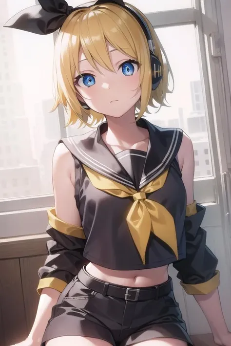 kagaminerin, <lora:rinkagaminetest:1>,
rin kagamine, blonde hair, blue eyes, hair bow, headset, short hair, headphones, (flat chest:1.2),
BREAK bare shoulders, belt, black sailor collar, black shorts, bow, crop top, detached sleeves, grey legwear, grey shorts, grey sleeves, hair bow, leg warmers, neckerchief, sailor collar, school uniform, shirt, short shorts, short sleeves, shorts, white bow, white footwear, white shirt, yellow neckerchief,
BREAK looking at viewer,
BREAK indoors, classroom,
BREAK <lora:GoodHands-vanilla:1>, (masterpiece:1.2), best quality, high resolution, unity 8k wallpaper, (illustration:0.8), (beautiful detailed eyes:1.6), extremely detailed face, perfect lighting, extremely detailed CG, (perfect hands, perfect anatomy),