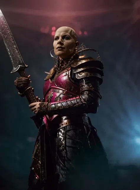 Photo-realistic high resolution photography of view from below a massive <lora:f3mal3:0.6> hyperrealistic demonic bald female f3mal3, slashed open throat, wearing pink slaanesh chaos warrior armour <lora:chaoswarrior:1>, holding a sharp sword at the viewer, bokeh, LDSR, Depth of Field, OverallDetail